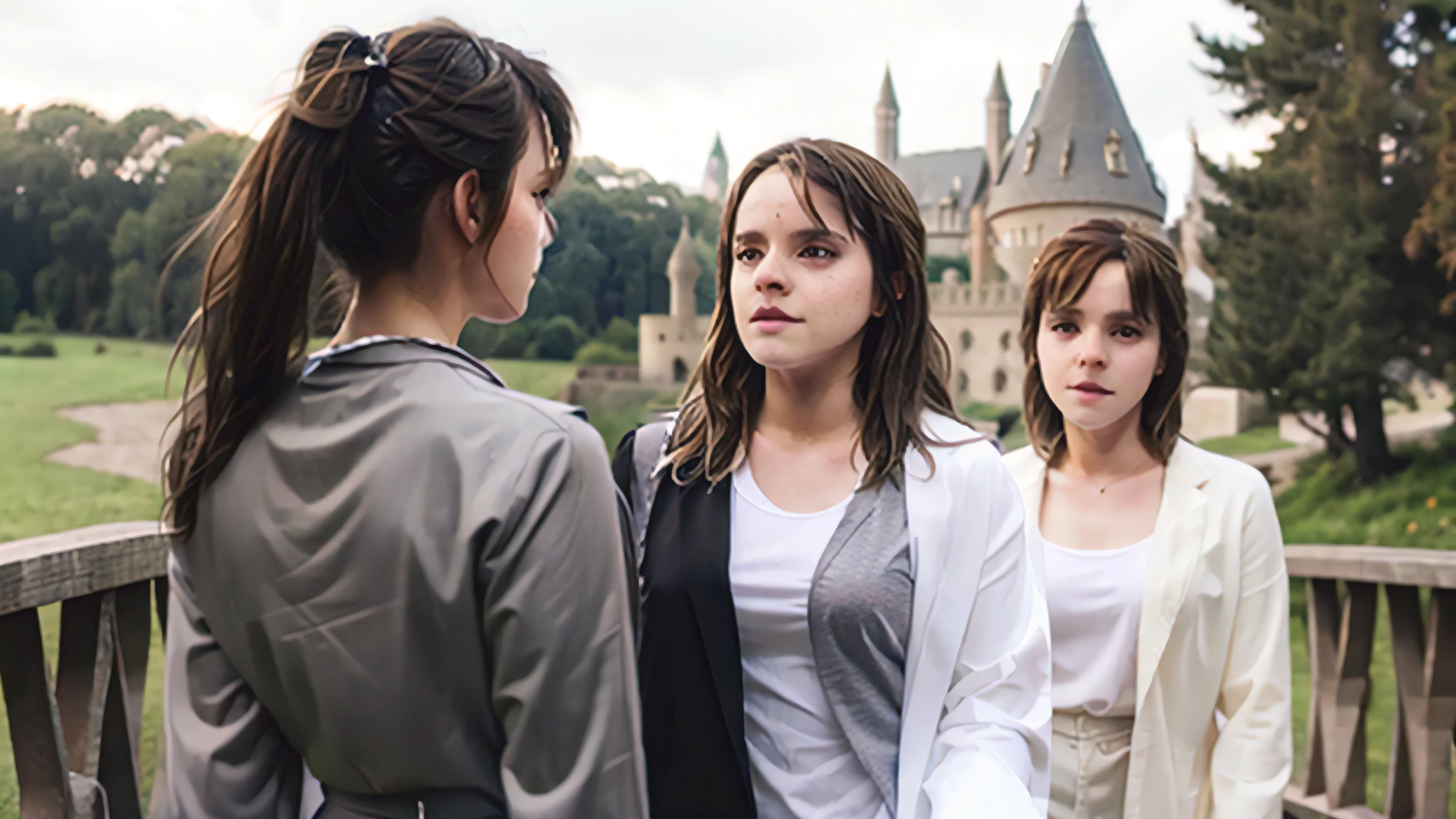 A group of girls in open grey robes with neither bra nor panties is standing on a bridge of Hogwarts arguing with each other about a female house elf that can be seen in the background, perfect butt, small breast
