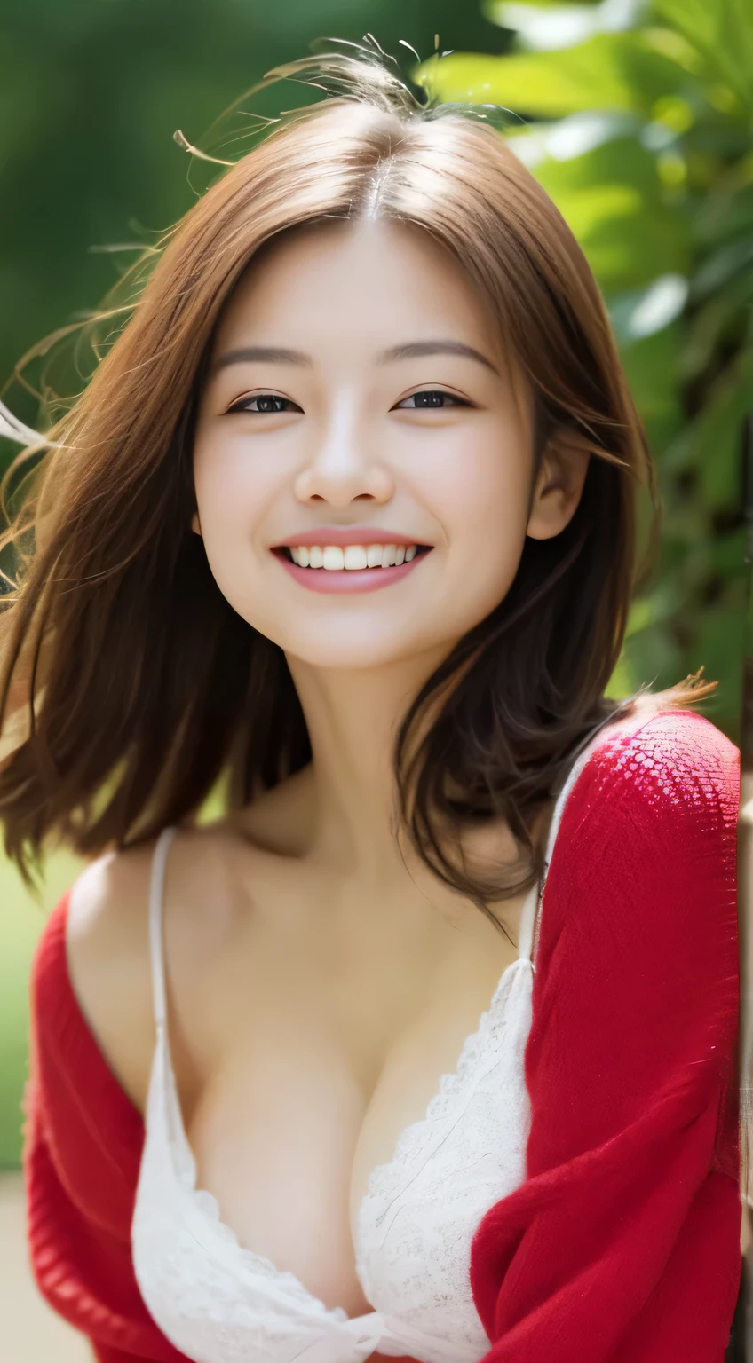 Japanese ),((beautiful girl)),cleavage,An expression that imagines something pleasant:1.2,(perfect body beauty:1.2),((perfect body)),(shy smile),beautiful teeth,