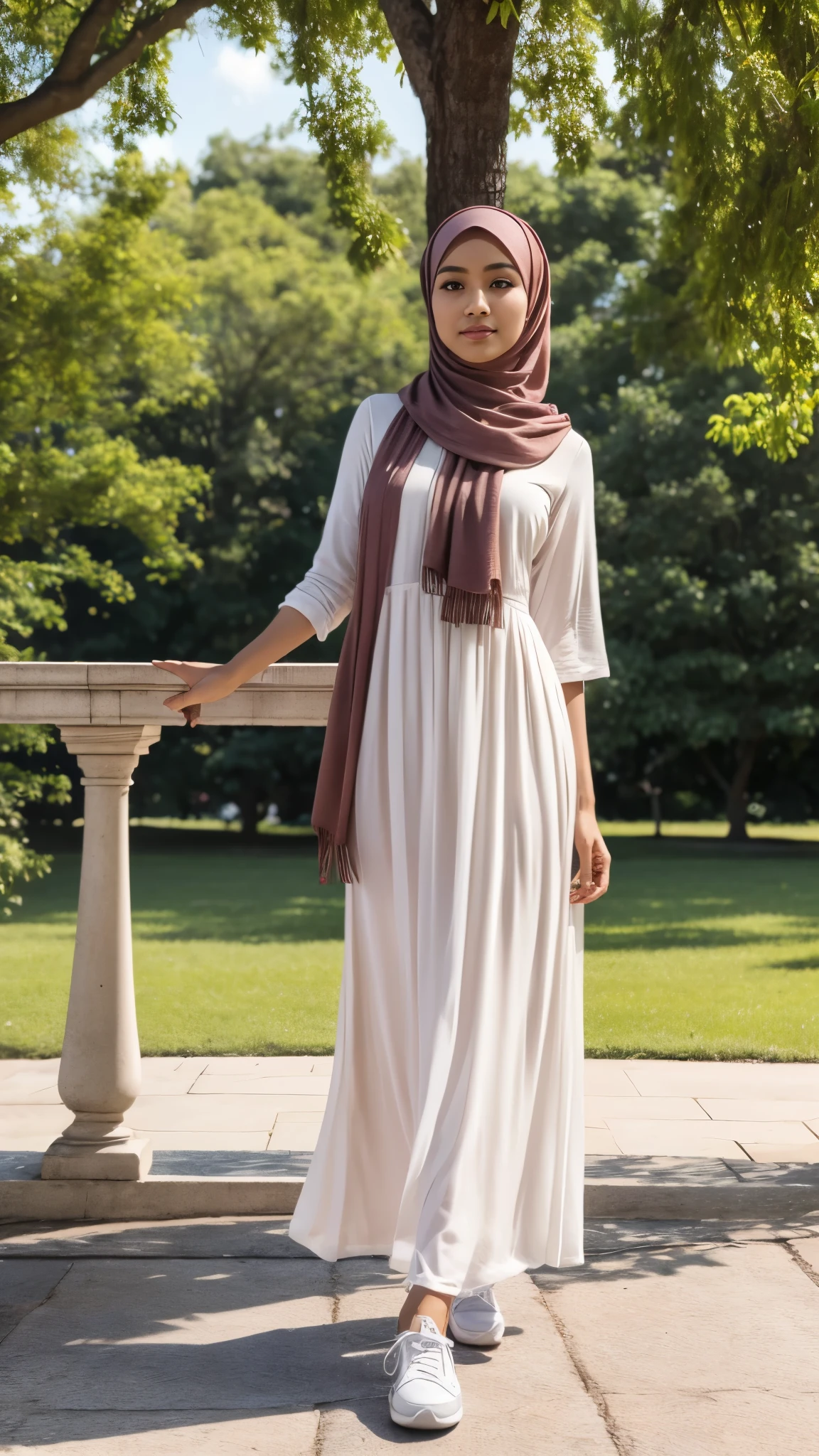 (best quality,highres),full body portrait,tall background,Indonesian boy,beautiful,detailed face features,perfect hijab,modern muslim women dress,pastel colored clothes,stylish sneakers,standing in a park,feminine pose,graceful expression,facing to viewer,body facing to viewer,green surroundings,soft sunlight,peaceful atmosphere.