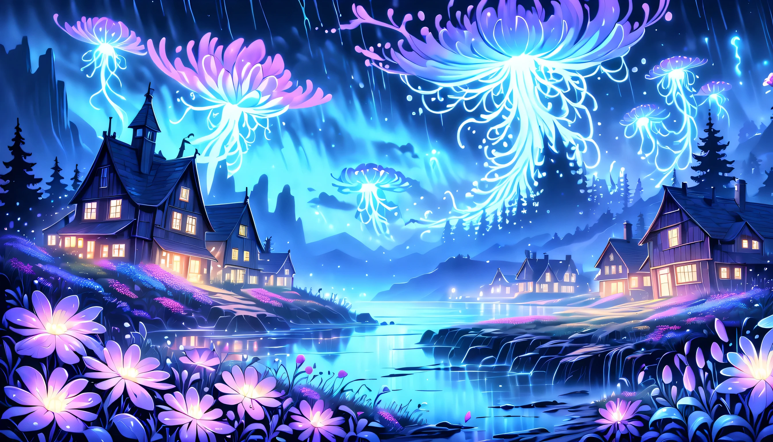 (((An otherworldly sea of glowing bioluminescent flowers:1.3))), (((petals floating in the sea:1.3))), A sea of vibrant wildflowers, (((Sparkle woman with intricate detail swirl background:1.2))), calm delicate sea, swaying in the wind, Each petal is a unique burst of fantastic color, intricate designs and reflections, Heavy rain fell, in the late night hours, The intensity and drama of this moment, A thunderstorm raged through the cursed abandoned village., Hauntingly beautiful eerie atmosphere, Collapse and mysterious collapsed buildings, Illuminate the roadside with a flash of lightning, confusion and danger, thick fog acting barrier, Visually descriptive and detailed manner painting, magical mysterious scene, radiance of energy and power, Add grunge style, (((Stunning highly intricate detailed illustration:1.3))), 