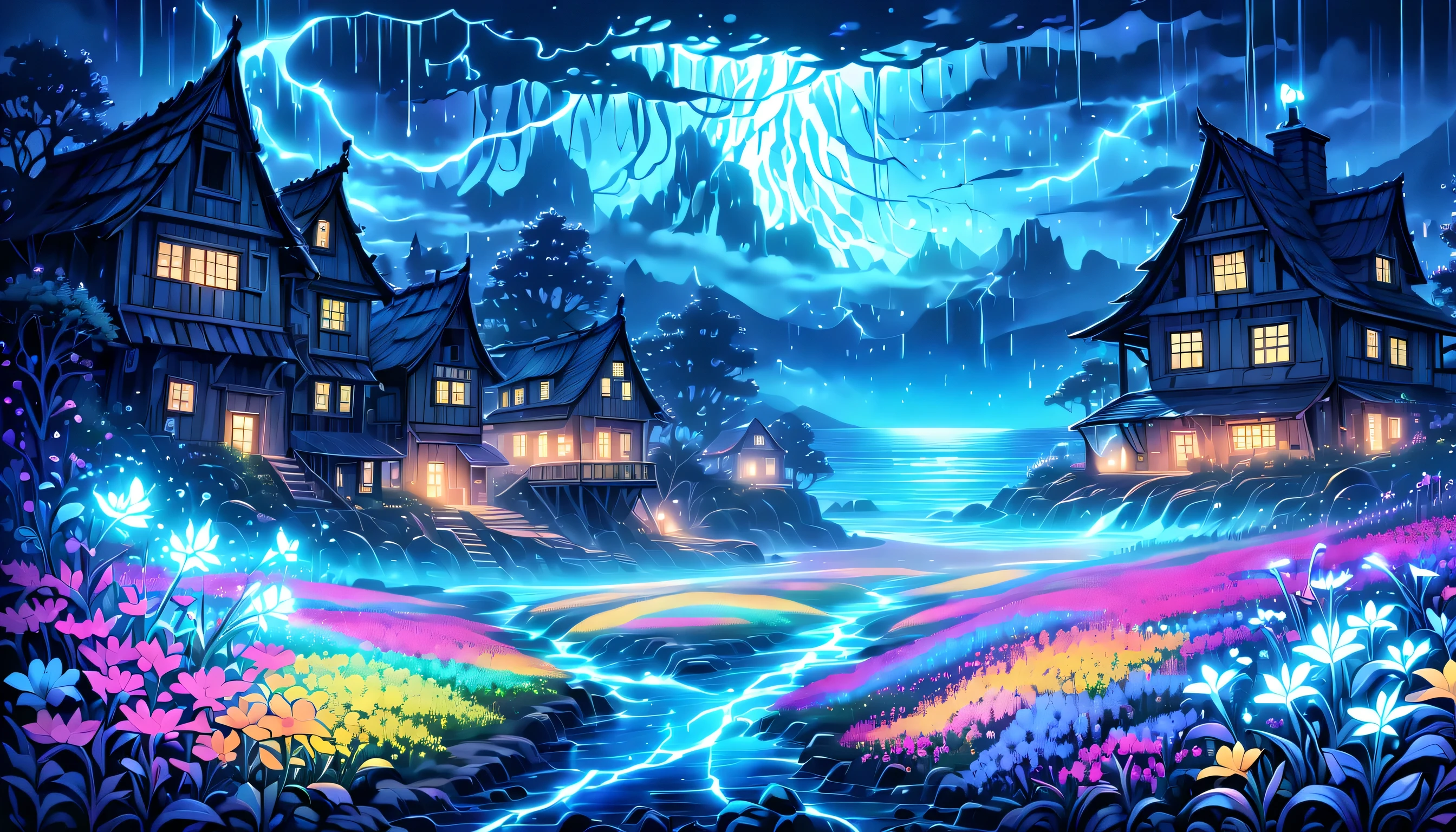 (((An otherworldly sea of glowing bioluminescent flowers:1.3))), A sea of vibrant wildflowers, vortex bioluminescent wolf cub, calm delicate sea, swaying in the wind, Each petal is a unique burst of fantastic color, intricate designs and reflections, Heavy rain fell, in the late night hours, The intensity and drama of this moment, A thunderstorm raged through the cursed abandoned village., Hauntingly beautiful eerie atmosphere, Collapse and mysterious collapsed buildings, Illuminate the roadside with a flash of lightning, confusion and danger, thick fog acting barrier, Visually descriptive and detailed manner painting, magical mysterious scene, radiance of energy and power, Add grunge style, (((Stunning highly intricate detailed illustration:1.3))), 