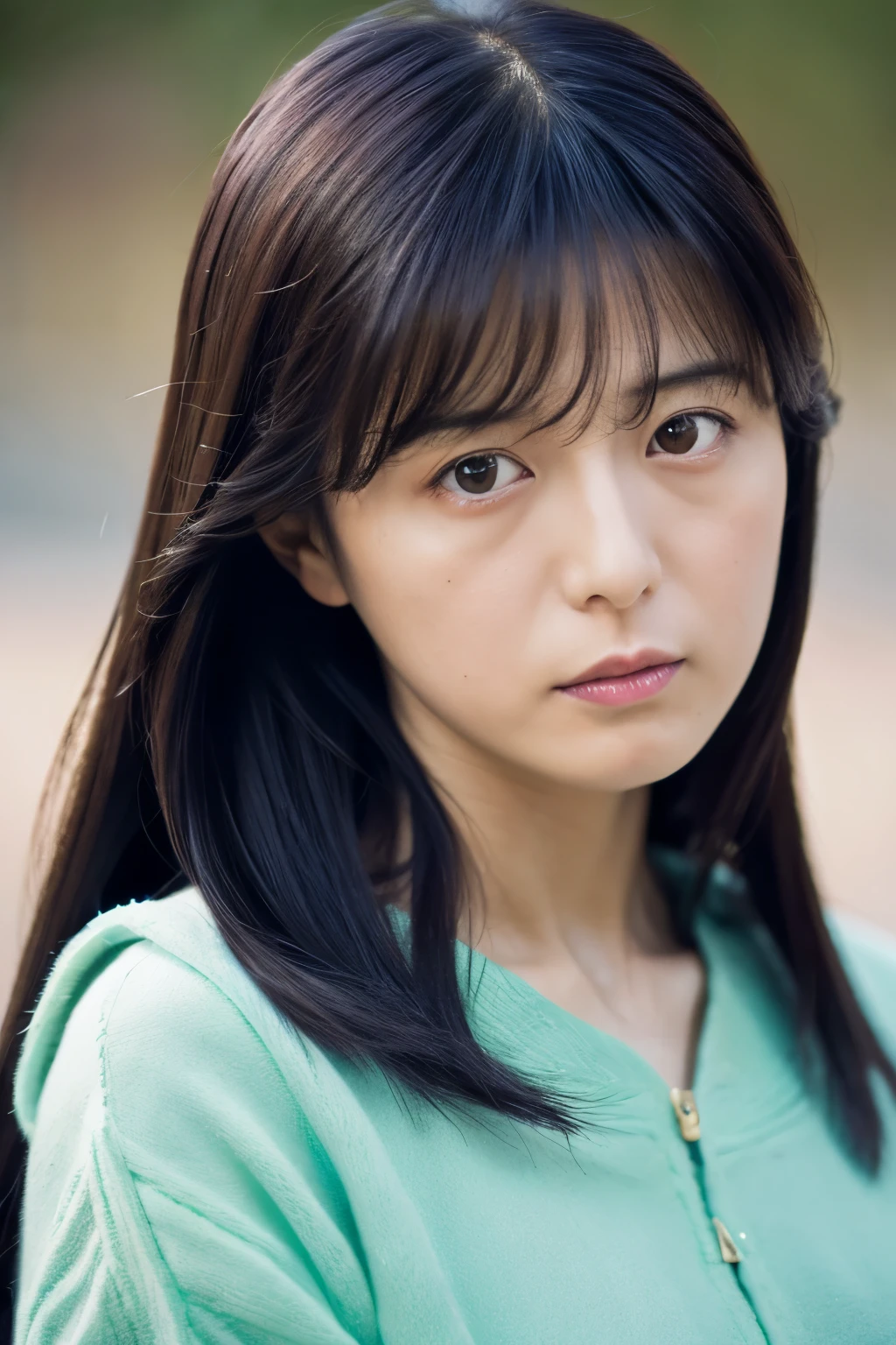 High resolution, High quality, Super reality, Japanese lady, 30 years old, sad face expression, detailed face, detailed eyes, portrait, looking at viewer