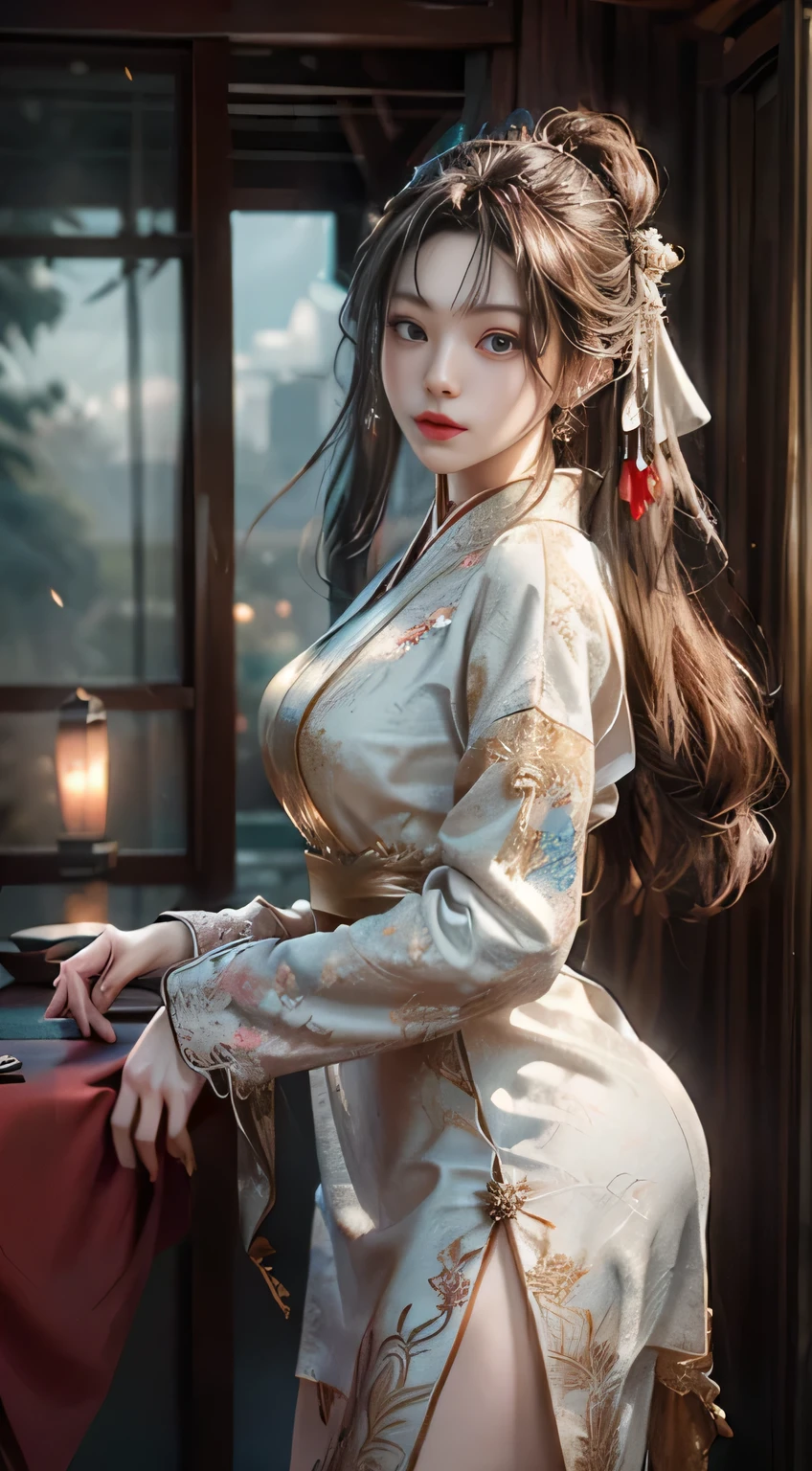 ((best quality)), ((masterpiece)), (detail:1.4), 3d, Beautiful cyberpunk female image,high dynamic range（high dynamic range）,Ray tracing,NVIDIA RTX,super resolution,Unreal 5,subsurface scattering、PBR texture、post processing、Anisotropic filtering、depth of field最大清晰度和清晰度任何层纹理、Albedo and highlight maps、Surface coloring、Accurately simulate the interaction of light with materials、Perfect proportion、octane rendering、dichroic light、Large aperture、Low ISO、white balance、rule of thirds、8K raw，(Exquisite figure:1.5),simple beauty,(milky white skin:1.3),精致的detail,high resolution,wallpaper,1 female,alone,shift dress,hair accessories,(((gold and red dress)) ), Floral fragrance, long white hair, Brown hair, shut your mouth, Trinkets, long sleeves, raise your hand, wide sleeves, big eyes, Fluttering, Hanfu, Hanfu, embroidery, long skirt, natural posture, falling petals, In the room, Fan Ning,lantern，16k，high dynamic range，high resolution，depth of field，（film grain：1.1），Bukun，prime time，（lens flare glow），vignette，rainbow，（color：1.5）