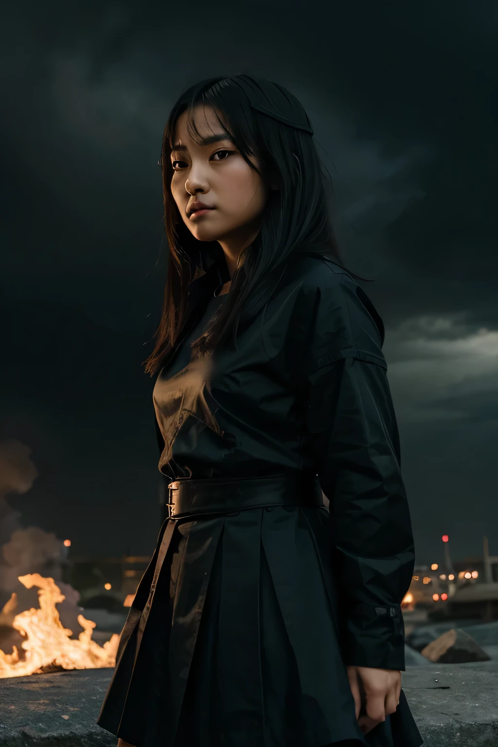a young Japanese girl with a black pleated dress who looks like a warrior with black hair
A dragon stood next to her, this dragon was black, large and strong with red eyes
The background scene is of a gloomy sky ablaze with war