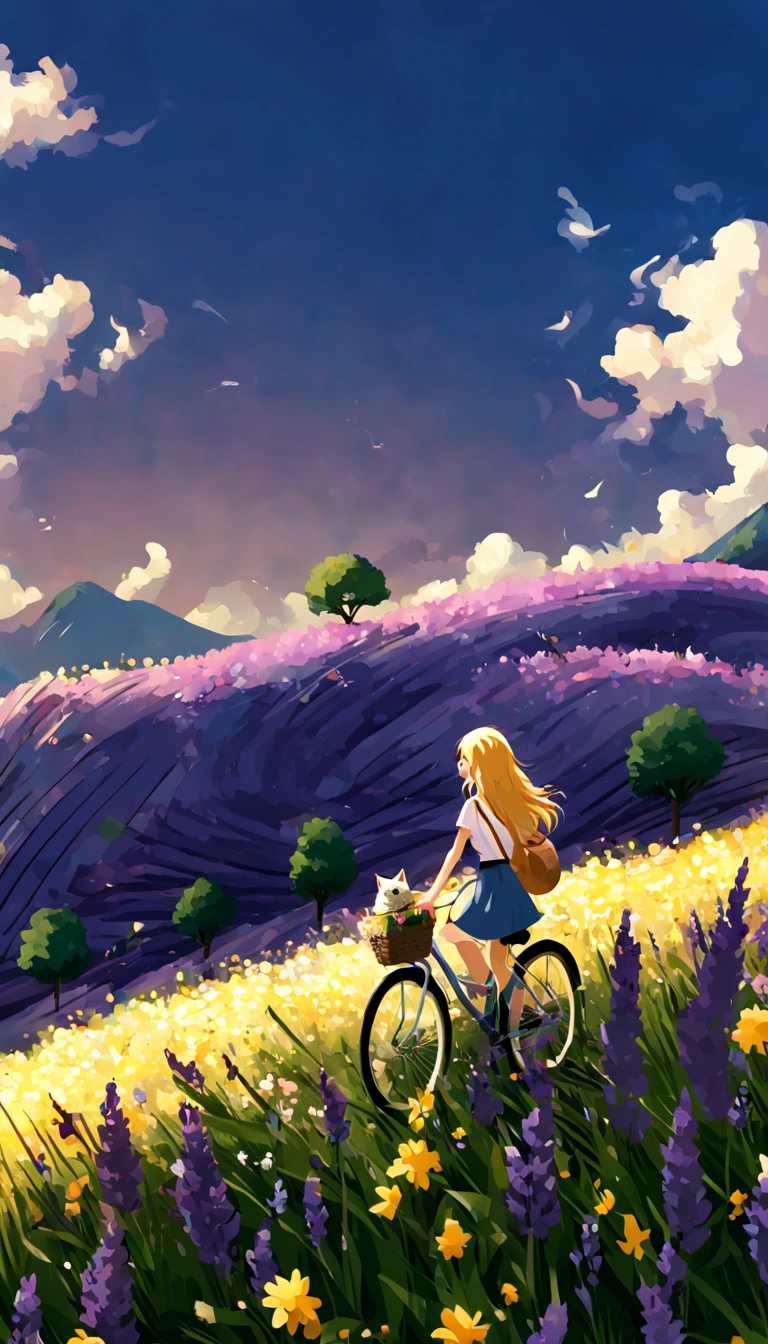 sea of flowers/Sea of flowers/sea of flowers.Lavender fields blown by the wind.spring field scenery.Close-up of beautiful girl riding bicycle with cat.Followed by a puppy.light tone.light gold color、high resolution细节、Bright and fresh colors.(best quality,4k,8k,high resolution,masterpiece:1.2),super detailed,Clear lavender in the foreground.