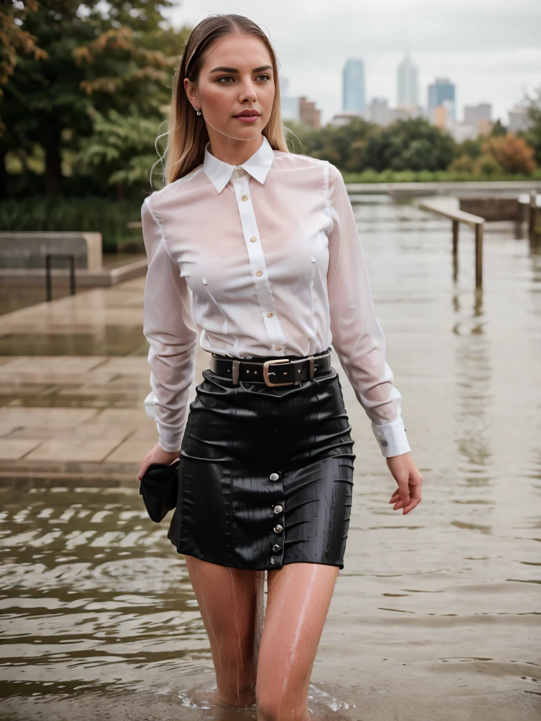 RAW photo of a drenched looking 1girl, solo, raining, wearing a wet white collared shirt, fine fabric emphasis, perfectly defined button detailing, (black, high-waisted skirt with a belt), diamond stud earrings, long sleek blonde wet hair, brown eyes, water drop, warm and sensual smile, slender figure, standing in rain by a city skyline, in autumn, cowboy shot, full body shot, photographed on a Fujifilm XT3, 80mm F/1.7 prime lens, cinematic film still, cinestill 500T, highly detailed, masterpiece, highest quality, intricately detailed, HDR, 8k, uhd, photorealistic