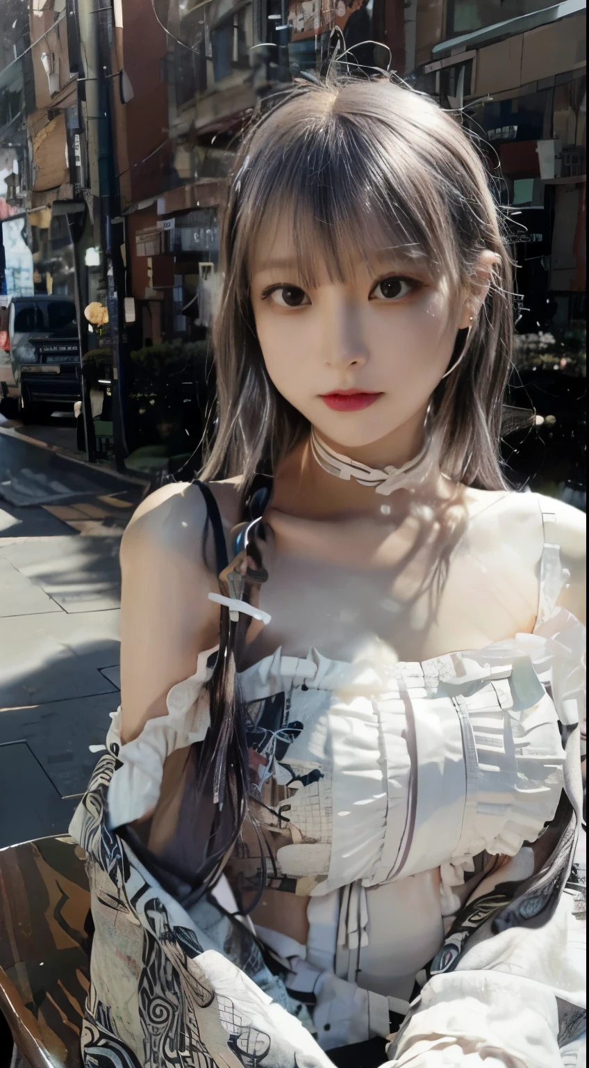 (NSFW),(realistic:1.3), finely, quality, rembrandt lighting, (table top:1.2), (realistic:1.2), (最高quality), (fine skin:1.3), (intricate details), dramatic, ray tracing, break 1 girl, japanese girl, smile,(black and purple hair 1.4), parted bangs, Eye highlights 21 years old, medium breasts, earrings, jirai fashion, short dress, frills, race, ribbon, break (Tokyo street, Harajuku, sunny day), break