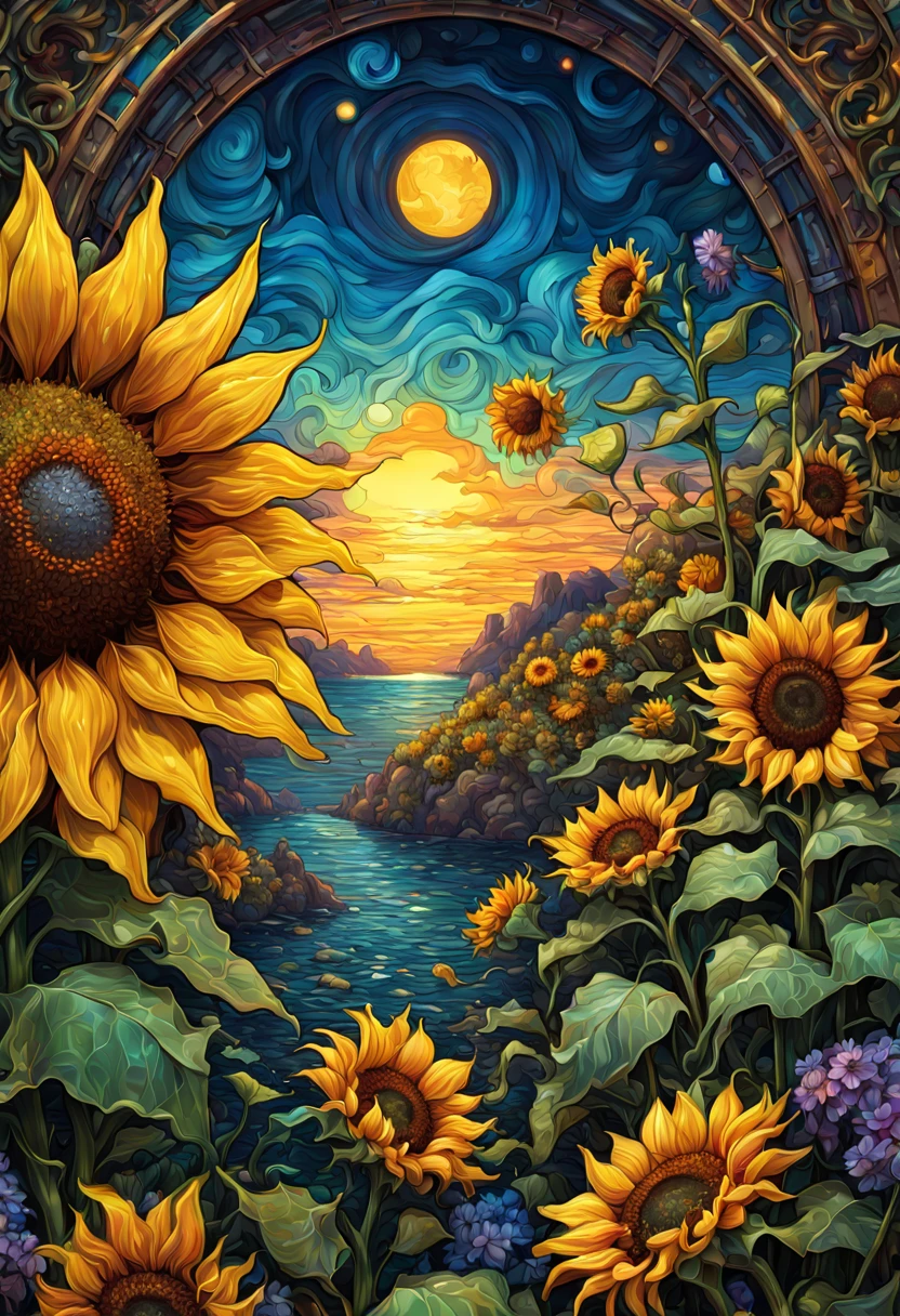 sea of flowers, aesthetic, Stained glass sunflowers, Dan Mumford, Cyril Rolando, MW Kaluta, Louis Comfort Tiffany, Dale Chihuly, hyper-detailed, hyperrealistic, digital landscape art, 8k resolution, beautiful colors, tarot card, awe, sunflowers made of stained glass, detailed, Hyperdetailed storybook illustration, concept art