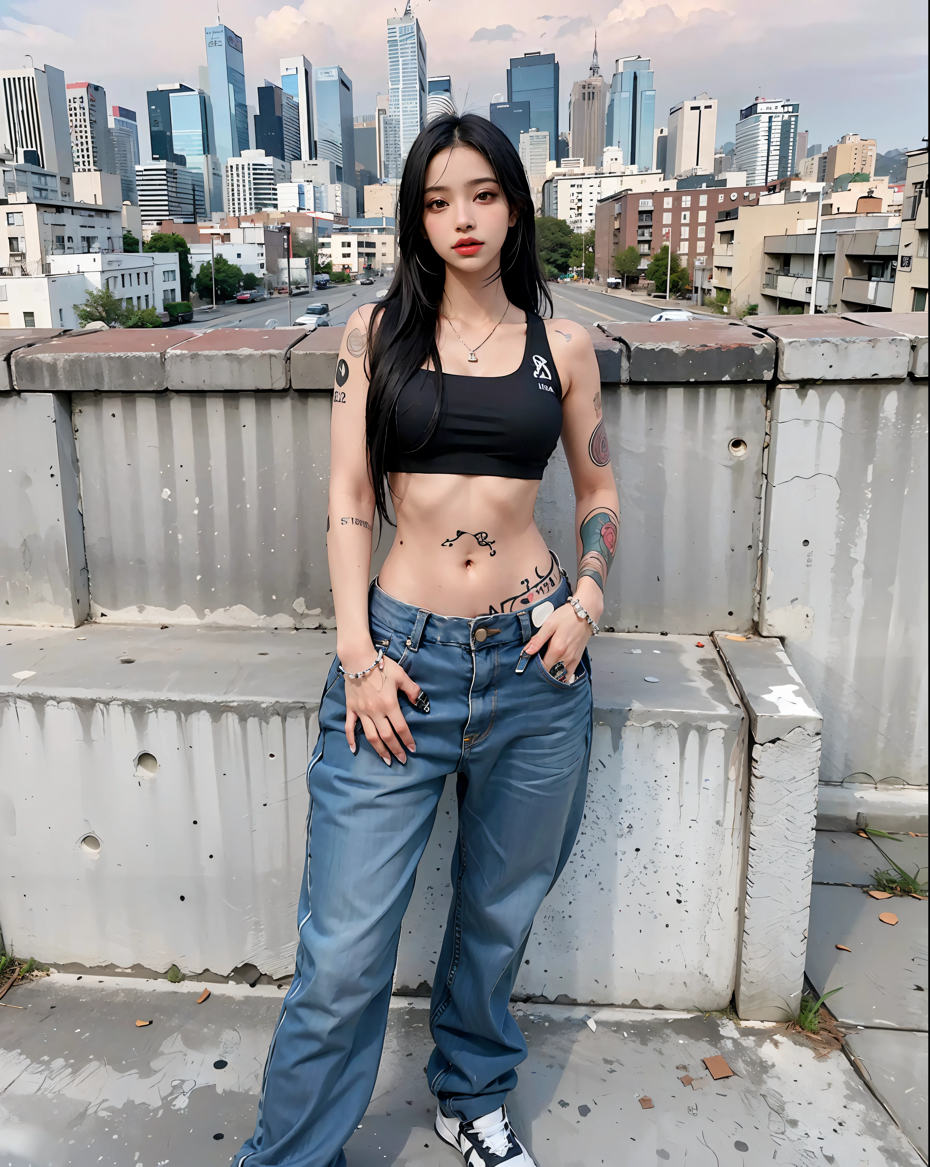 An Arafed woman with a tattoo on her stomach stands on a shelf, her navel is exposed, Taken in the early 2020s, Cardi B, physically : smallest abdomen ever, tech wear women pictures, she is wearing street clothes, full body image, profile photo, sitting on the roof