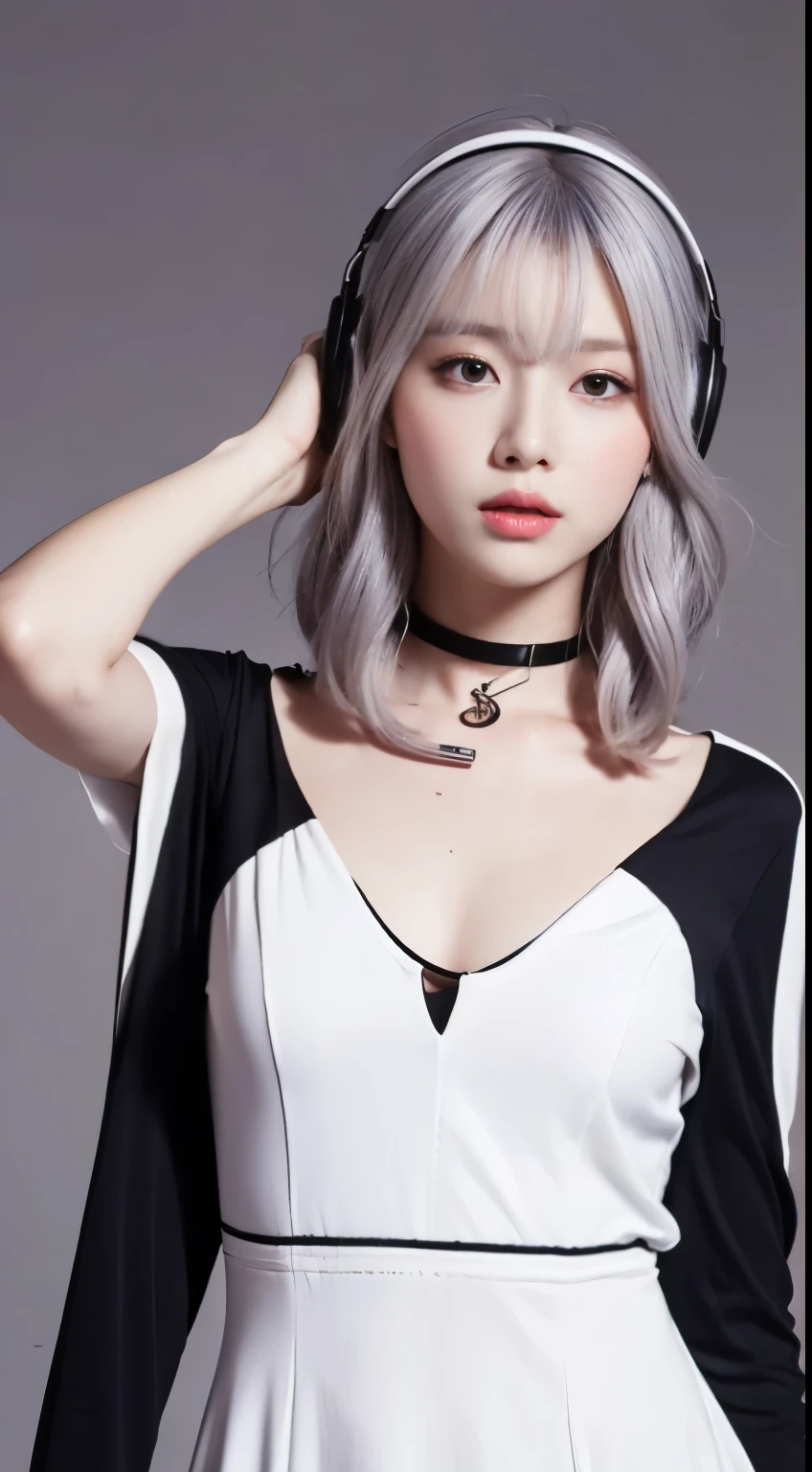 masterpiece, best quality, High resolution, 1 girl, split color hair, hair above one eye, (redhead:1.2), colorful hair, long hair, purple eyes, hair ring, white dress, headphones, (gray hair:1.2), black ribbon, bangs, No sleeve, middle of chest, angel wings、chicken、whole body、