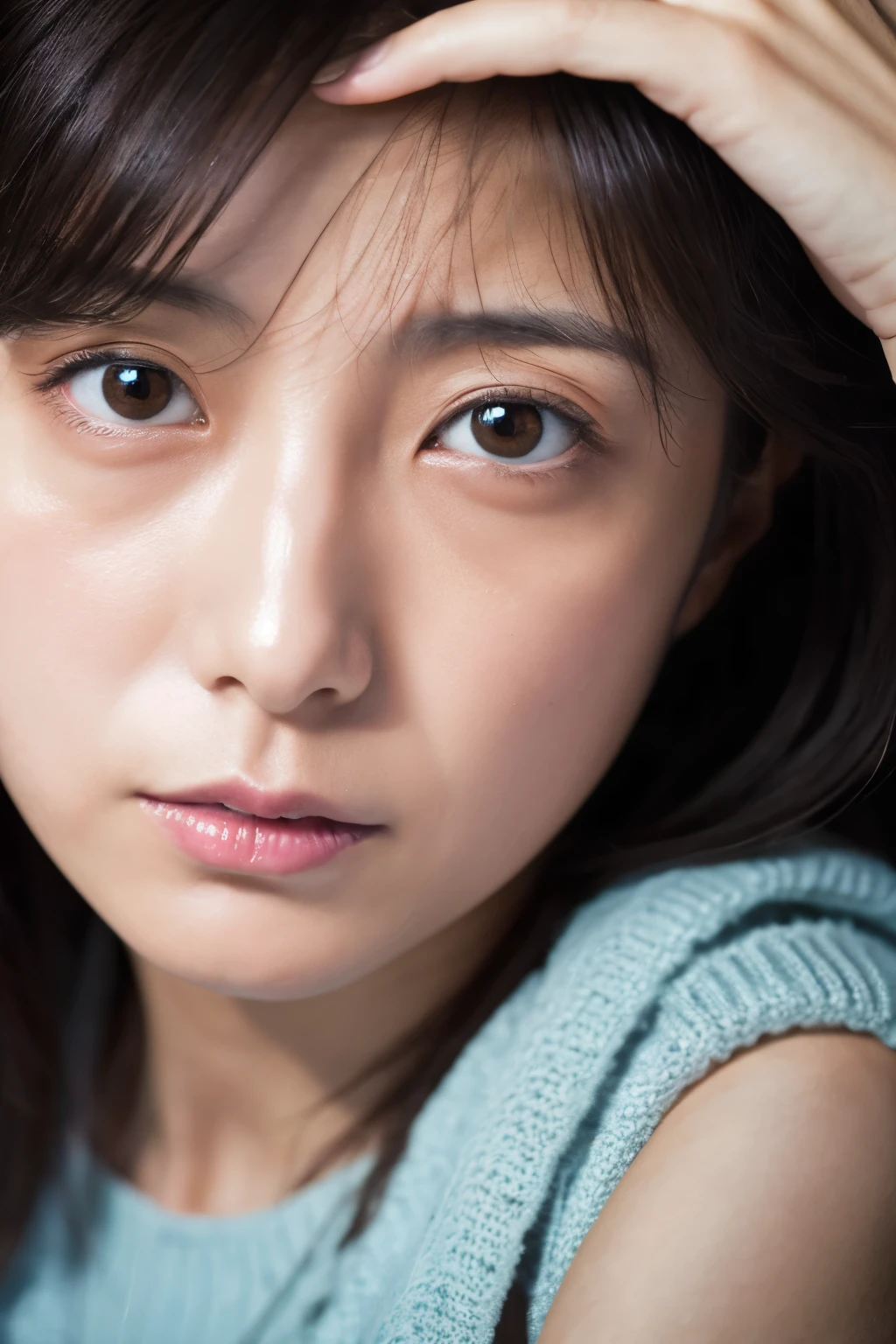 High resolution, High quality, Super reality, Japanese lady, 30 years old, sad face expression, detailed face, detailed eyes, portrait, looking at viewer