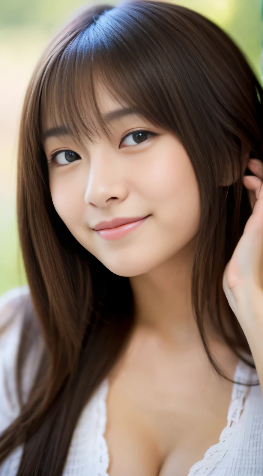 Japanese ),((beautiful girl)),cleavage,An expression that imagines something pleasant:1.2,(perfect body beauty:1.2),((perfect body)),(shy smile),beautiful teeth,