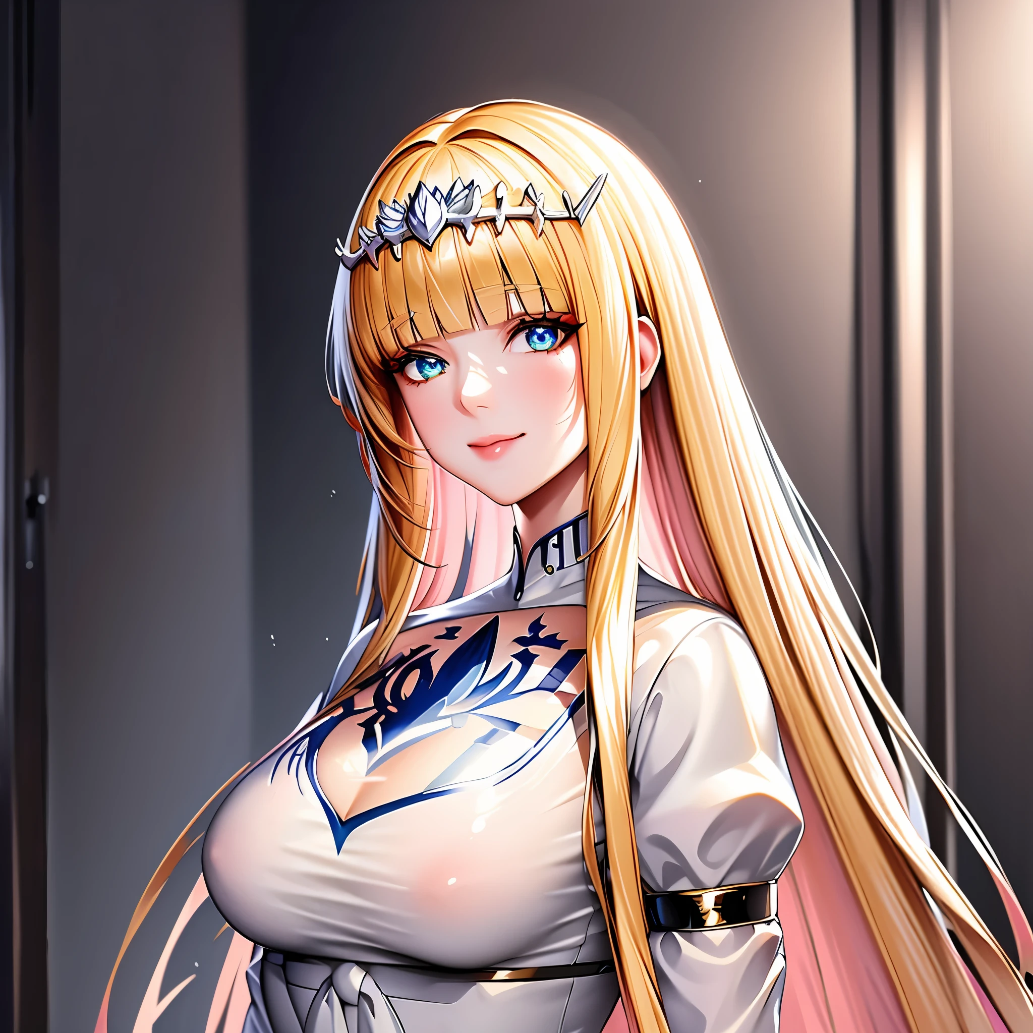 1girl, solo, looking at viewer, smile,closed mouth, blunt bangs, , , lips, (shiny skin),((steaming body)), Calca, blonde hair, extremely long hair, white tiara, tiara on her head, white dress, blue eyes, medium breasts