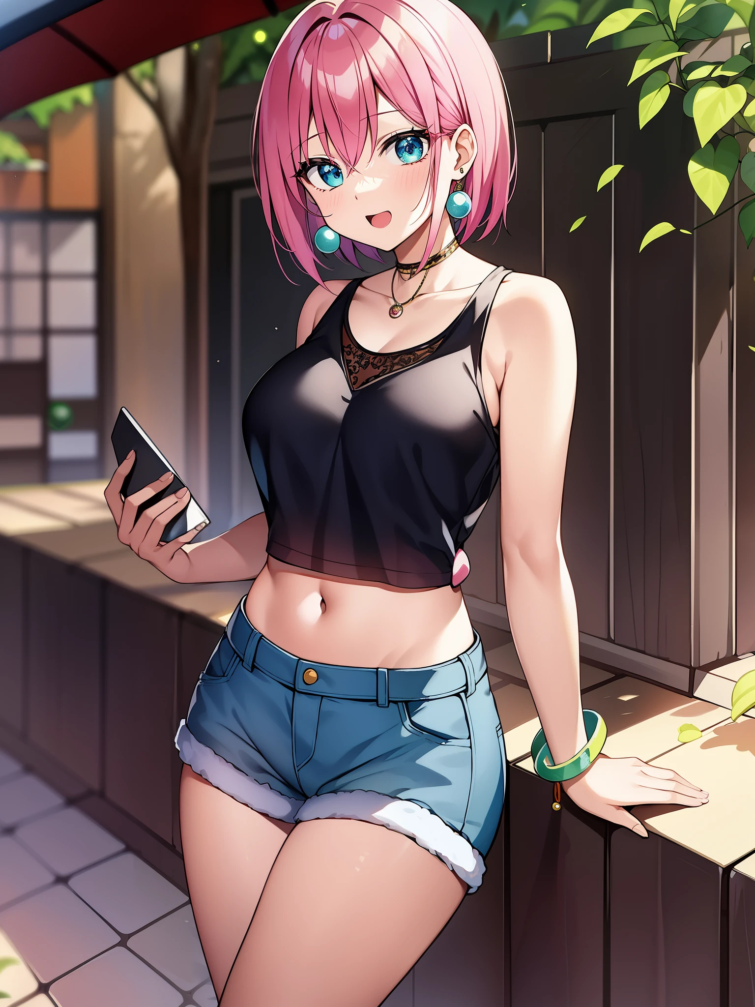 Bobo-bo-bo Bo-bo-bo、beauty、pink hair、short hair、girl、Navel exposed、Green ball-shaped earrings and black bangles are the same。casual clothes、casual clothes、casual clothes、common sense person、Tsukkomi role、A bright and calm heroine、