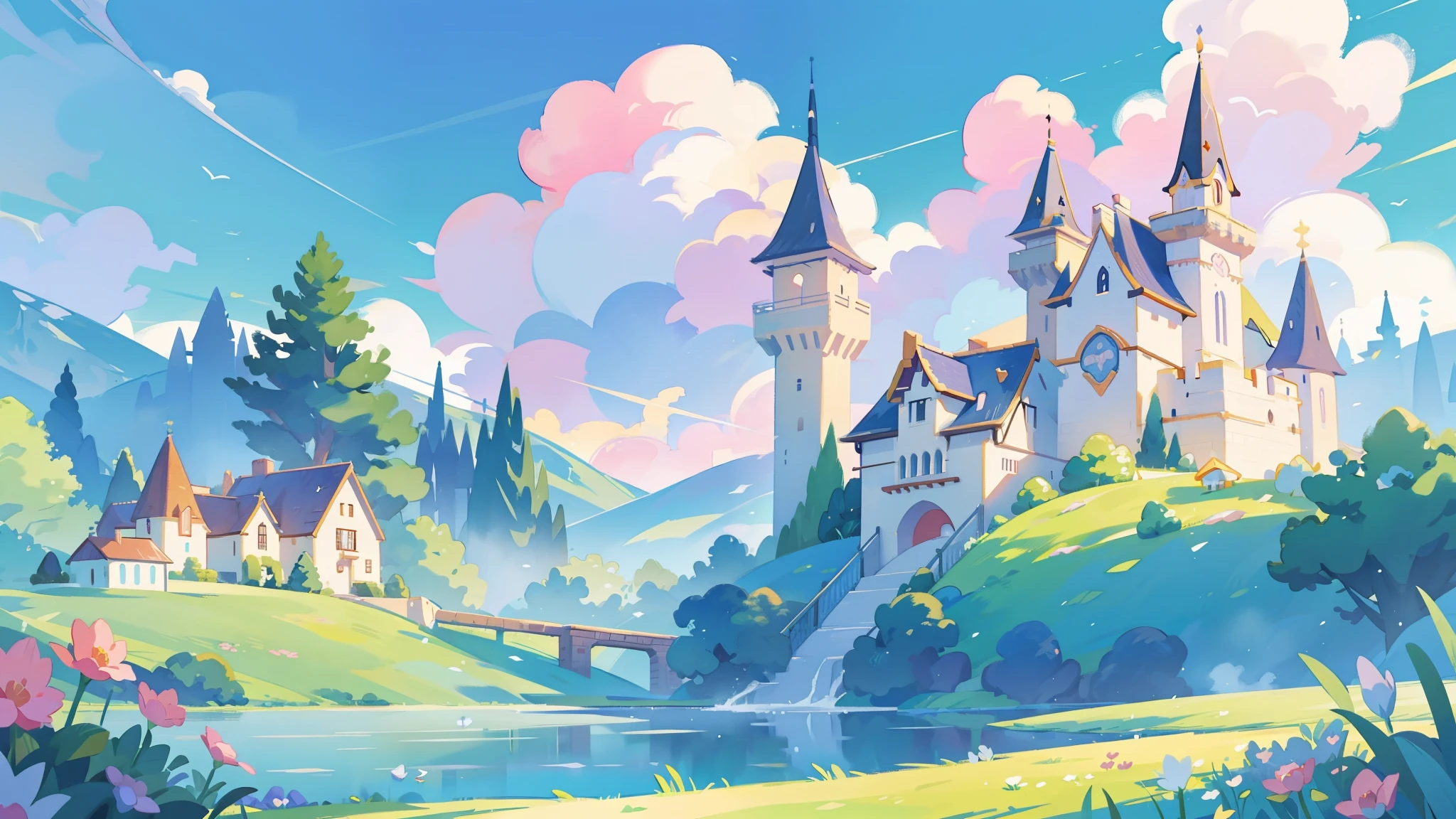 picture book illustration, Watercolor storybook illustration, Princess Castle, Fairytale castle, Fairy tale tower, cloud, Vibrant pastel colors, Dream, rich and colorful, whimsical, magic, masterpiece, best quality, sharp focus, Intricately detailed environments, Fine details, 8k resolution