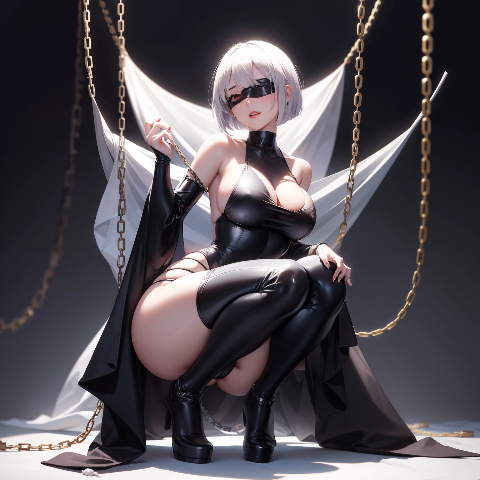blindfolded eyes, hang with a chain, squat with your legs wide open, high image, super detail, high resolution, anime, manga, illustration, intelligent beauty, make up, ecstatic expression, amorous expression, white glossy bob cut, seductive look, alluring moist red lips, large breasts, under boob, side boob, great proportion, perfect proportion, slender, full body