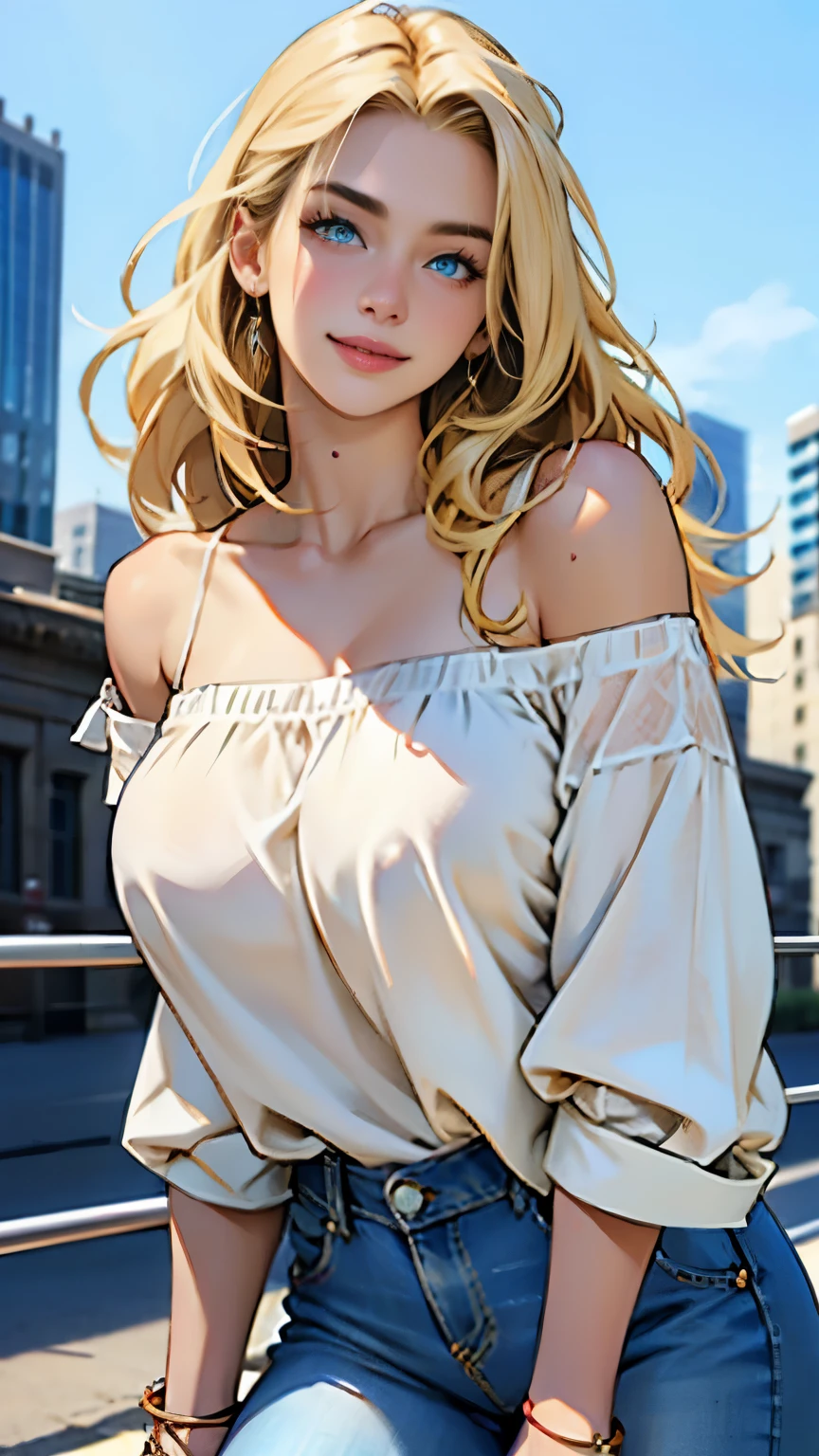 Masterpiece, highest quality, 4k, ultra detailed, beautiful caucasian woman, big smile, blonde hair, blue eyes, slim body, huge breasts, off shoulder blouse, cute blouse, skinny jeans, city background