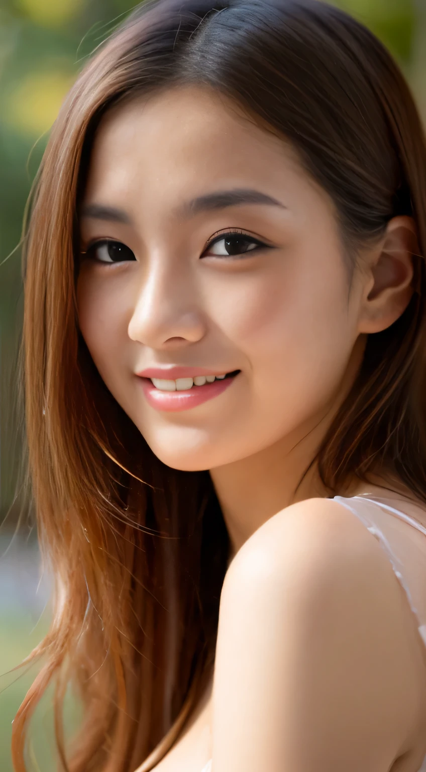 Japanese ),((beautiful girl)),cleavage,An expression that imagines something pleasant:1.2,(perfect body beauty:1.2),((perfect body)),(shy smile),beautiful teeth,