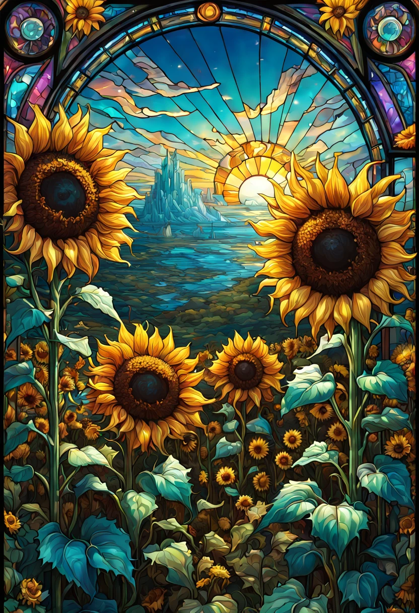 sea of flowers, aesthetic, Stained glass sunflowers, Dan Mumford, Cyril Rolando, MW Kaluta, Louis Comfort Tiffany, Dale Chihuly, hyper-detailed, hyperrealistic, digital landscape art, 8k resolution, beautiful colors, tarot card, awe, sunflowers made of stained glass, detailed, Hyperdetailed storybook illustration, concept art