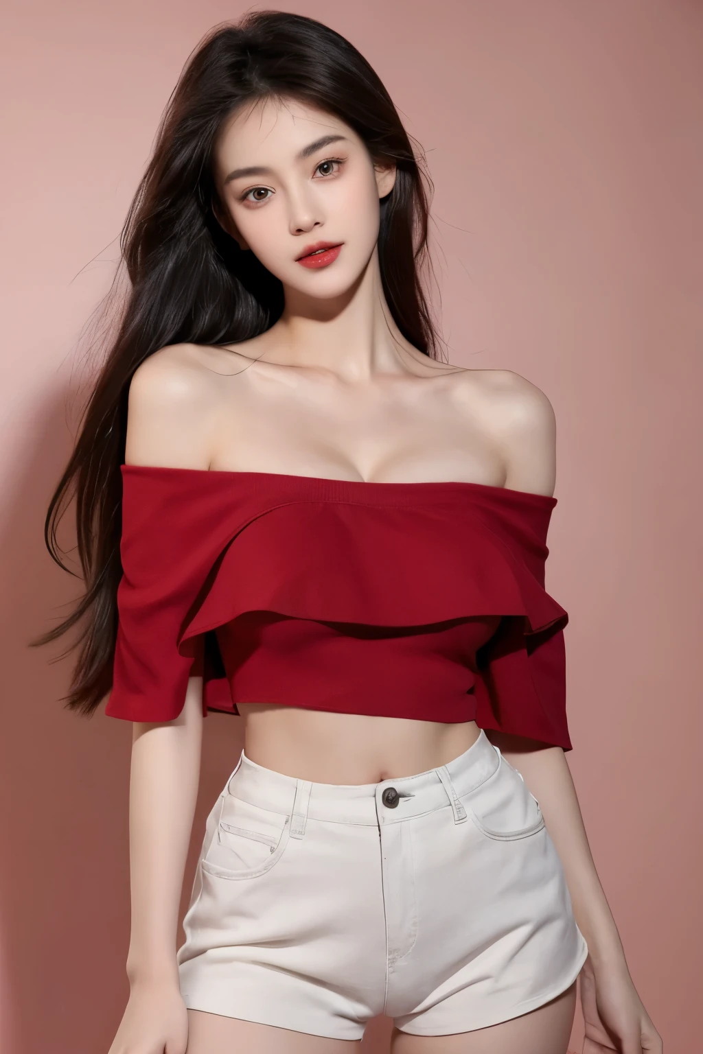 (lifelike,high resolution:1.3), A slim girl, The face shape and eyes are super delicate,black hair,red glossy lips,(beautiful face), (best quality), (Super detailed), (Extremely detailed CG unified 8k wallpaper),((off shoulder top)),(White background),(cleavage),sexy look,big eyes,(standing),Teardrop-shaped breasts,soft breasts,very realistic breasts,Character centered,Underwear shoulder straps,shorts,sexy pose
