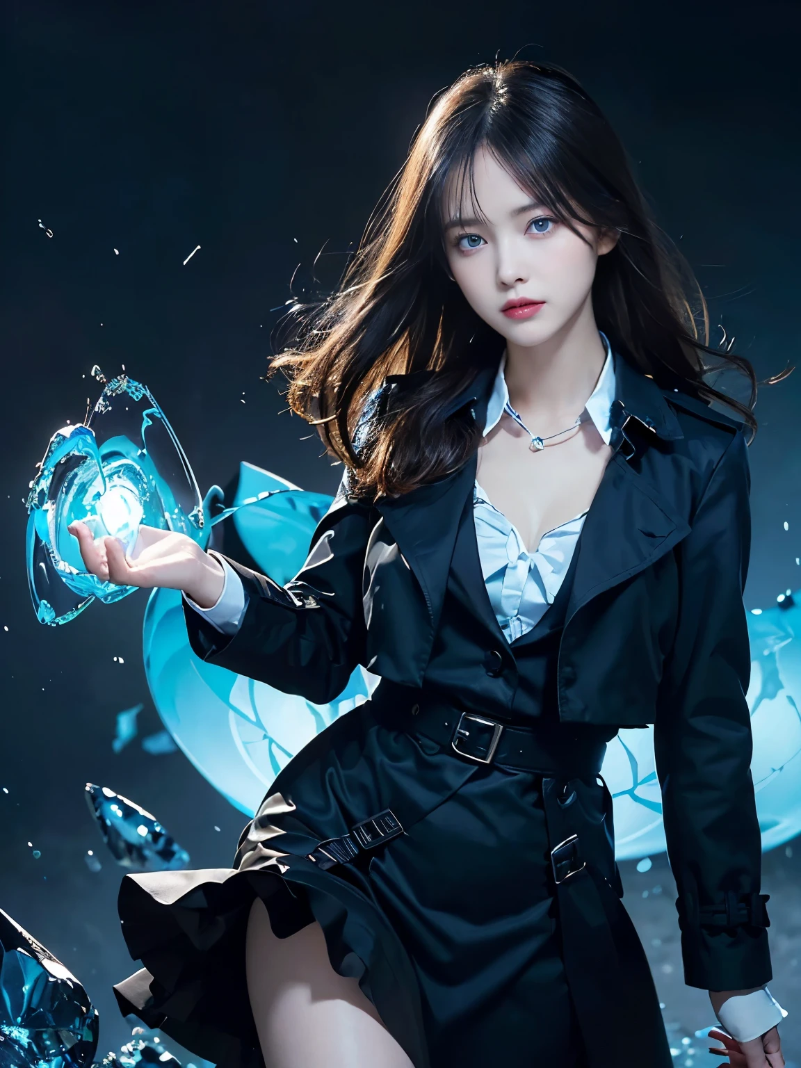 (highest quality, masterpiece),(1 girl, trench coat,expression, blue eyes, looking at the viewer, black hair, closed mouth, dress shirt, black skirt, Hold out your hand to your audience), (less blue light, A lot of blue glass shards are swirling behind me., floating object, night sky)