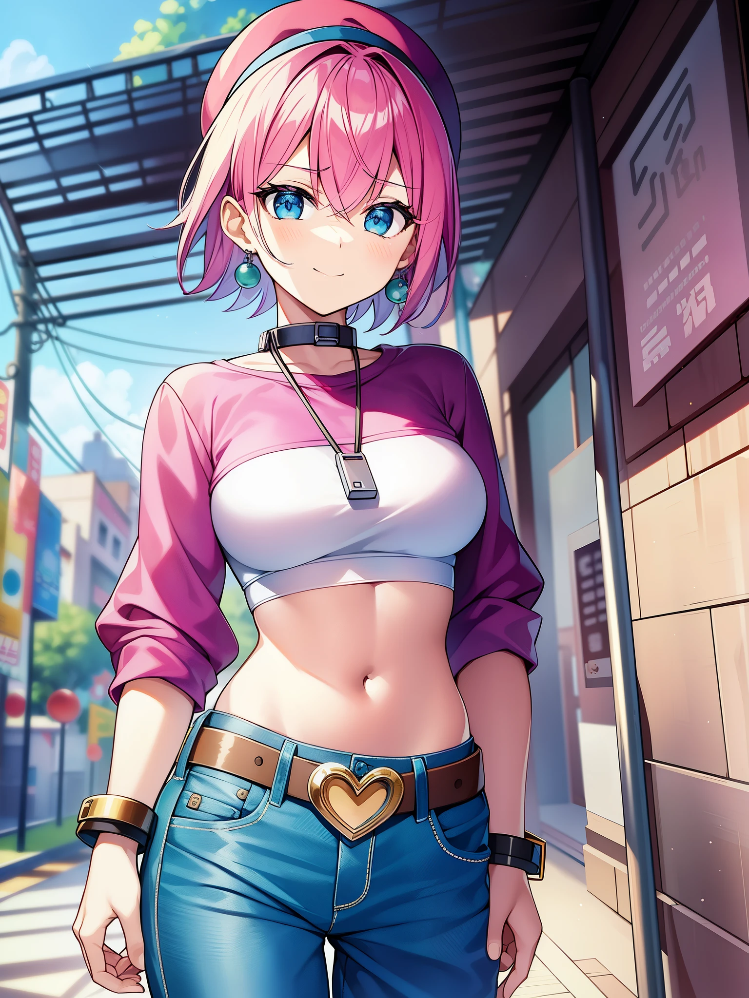 Bobo-bo-bo Bo-bo-bo、beauty、pink hair、short hair、girl、Navel exposed、Long pants with a heart-decorated belt、denim shorts、Green ball-shaped earrings and black bangles are the same。、common sense person、Tsukkomi role、A bright and calm heroine、