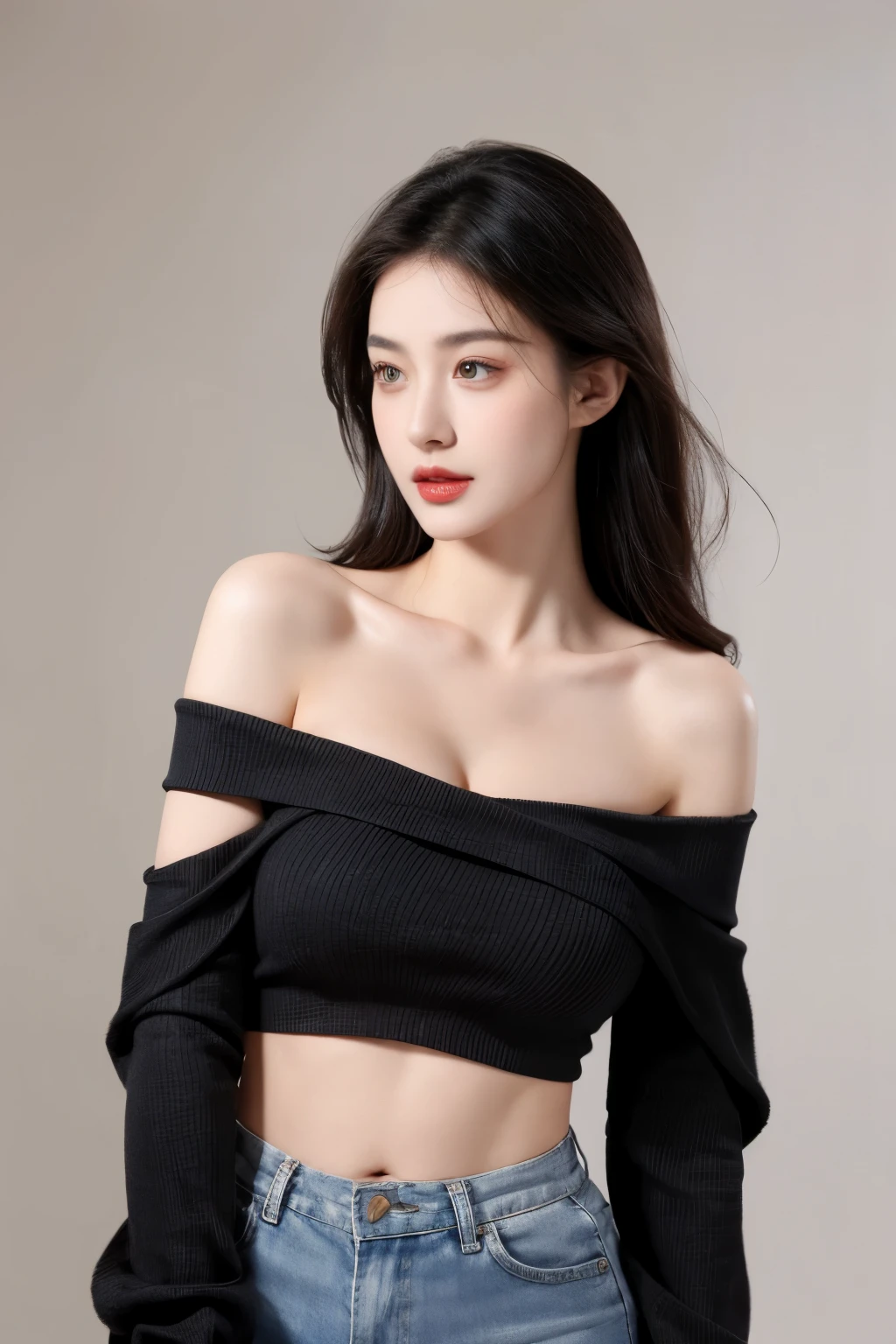 (lifelike,high resolution:1.3), A slim girl, The face shape and eyes are super delicate,black hair,red glossy lips,(beautiful face), (best quality), (Super detailed), (Extremely detailed CG unified 8k wallpaper),((off shoulder top)),(White background),(cleavage),sexy look,big eyes,(standing),Teardrop-shaped breasts,soft breasts,very realistic breasts,Character centered,Underwear shoulder straps,shorts,sexy pose