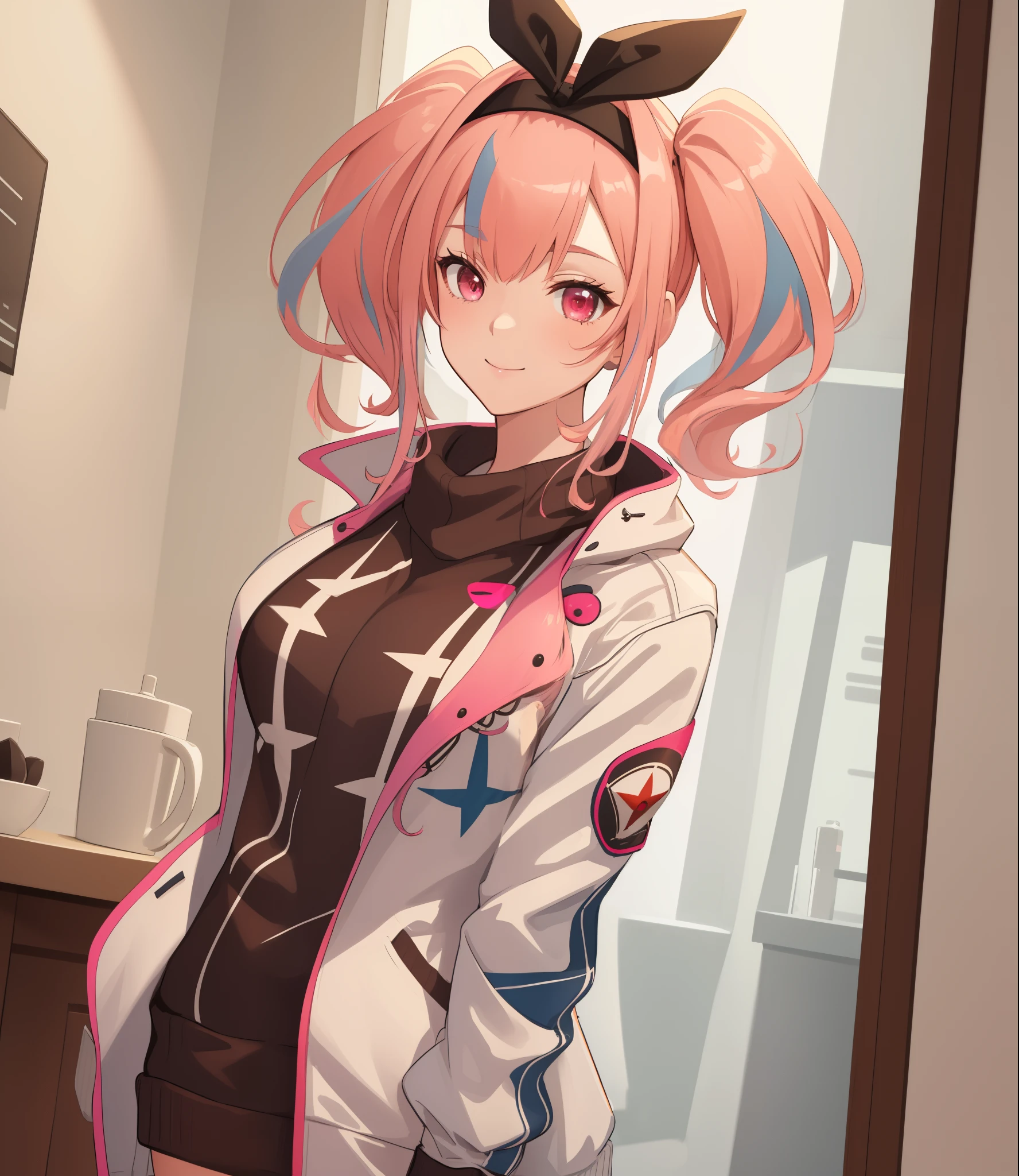 (extremely detailed CG unity 8k wallpaper), (((masterpiece))), (((best quality))), ((ultra-detailed)), (((illustration))), (best shadow), ((an extremely delicate and beautiful)), (detailed light), (well designed face), amazing face, (super detailed), cinematic shot, beautiful detailed eyes, detailed background, 1girl, bremerton \(day-off date\), ((pink hair)), multicolored hair, ((red eyes)), ((short twintails)), (headband), huge breasts, firts rate breasts, first rate female bodies, (sweater), white jacket, open jacket, upper body, inside a cafe, interior design, bewitching thighs, smile, cowboy shot,