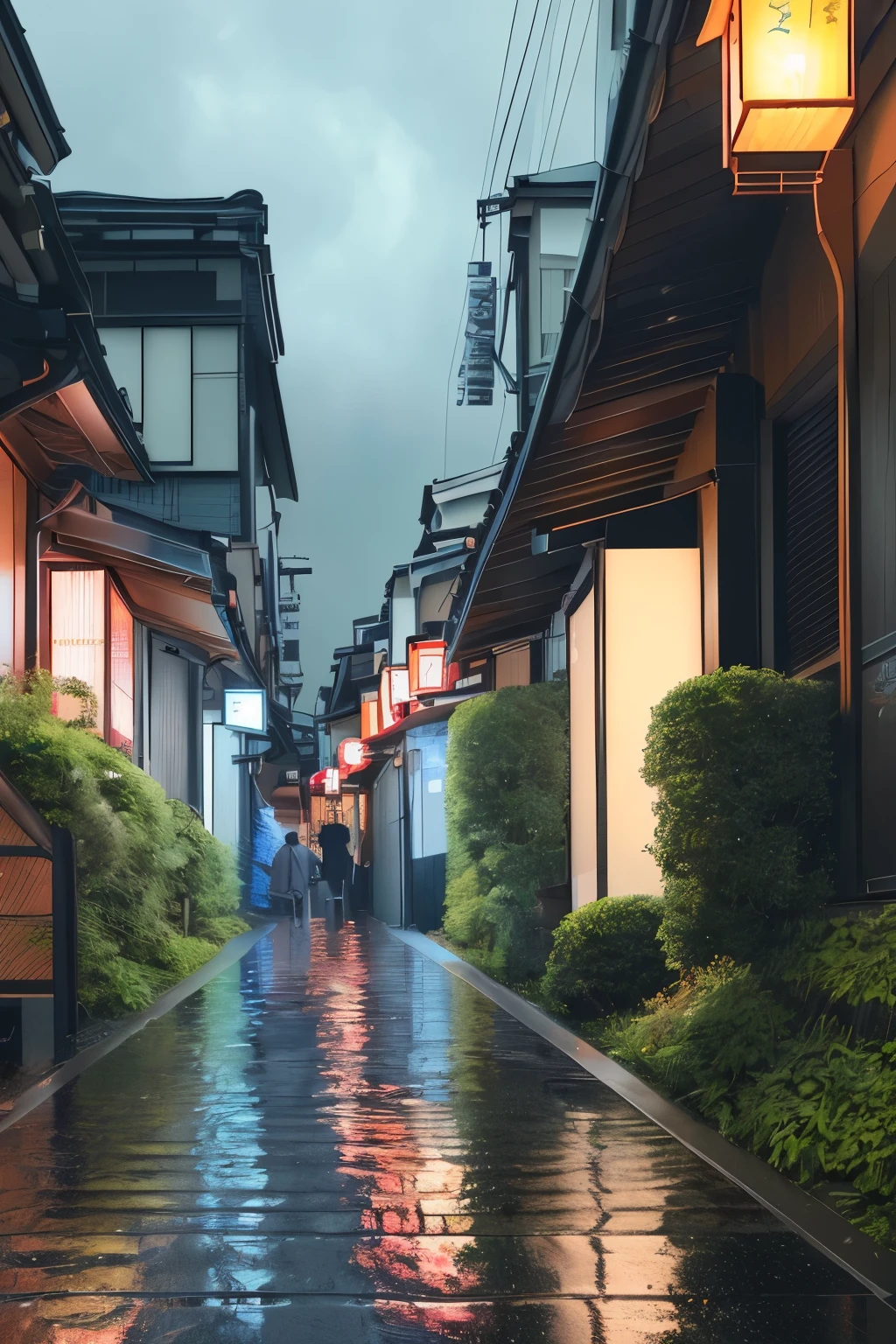 A stunning digital painting of a rainy evening in Tokyo city fills the canvas. The alleyway is adorned with vibrant bushes and the wet pavement reflects the glistening look of the rainfall. Every intricate detail is brought to life in high definition, allowing the viewer to immerse themselves in the beauty of the scenery. The clouds above add a touch of drama to the already breathtaking artwork. With its rich picturesque colors and highly detailed digital painting, this piece is a true masterpiece. It is a beautiful illustration that captures the essence of a rainy day in Tokyo with its water reflections and the captivating atmosphere it creates. The 4K HD resolution enhances the viewing experience, showcasing the immense talent and skill of the artist. Truly, a stunning and gorgeous digital artwork that is