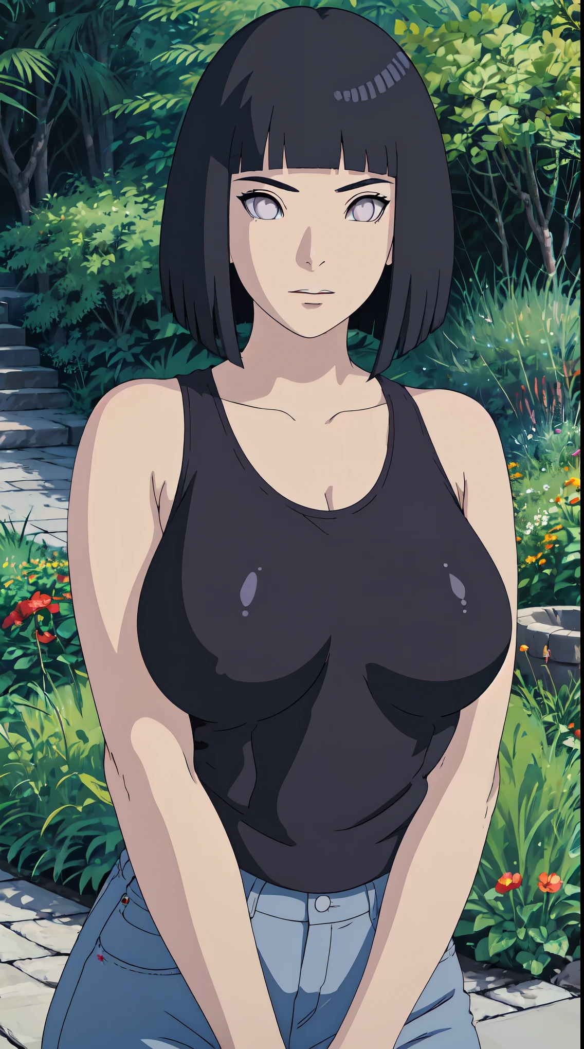 Masterpiece, stunning realistic, best quality, sharpness, 1 girl,closeup, onlyupperbody, (arms behind back:1.2) Black hair,purple eyes,ir,bobcut,red eyes,standing in a garden,sexy body,curvy body,big breasts,tanktop,skinny jeans,studio Ghibli style Lora