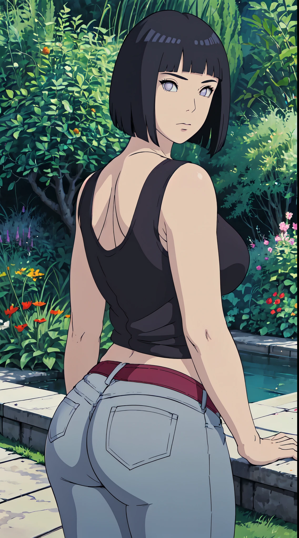 Masterpiece, stunning realistic, best quality, sharpness, 1 girl,closeup, onlyupperbody, (arms behind head:1.2) Black hair,purple eyes,ir,bobcut,red eyes,standing in a garden,sexy body,curvy body,huge breasts,whitout clothes,skinny jeans,studio Ghibli style Lora,Legs squat and wide open,Both legs wide open