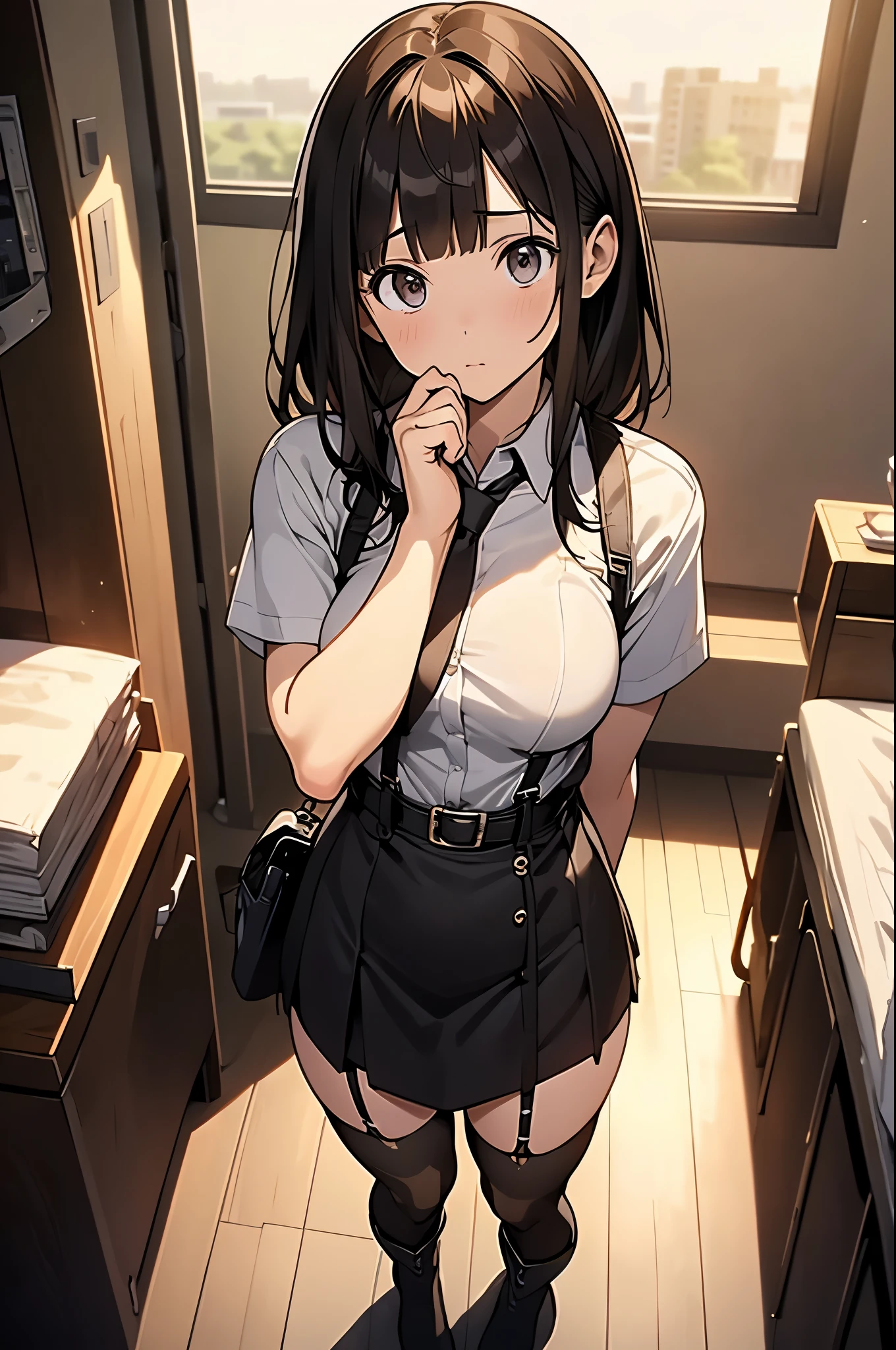 brown hair、looking at the viewer　　suspenders　　　big swollen breasts　　 　 　　　　black mini skirt　garter belt　knee high socks　　　　　　Aerial perspective　　　small face　bangs 　　　　　Beauty　　hands up　　 　sideways view 　black boots 　provocation　　　one person 　　　cutter shirt　　　hands behind　put your hands behind your back　Hands behind your back　With your hands behind your back　armed　holster　　Belt Garter Bell Black Gloves with Holes A Hotel Room　Bed　wall side