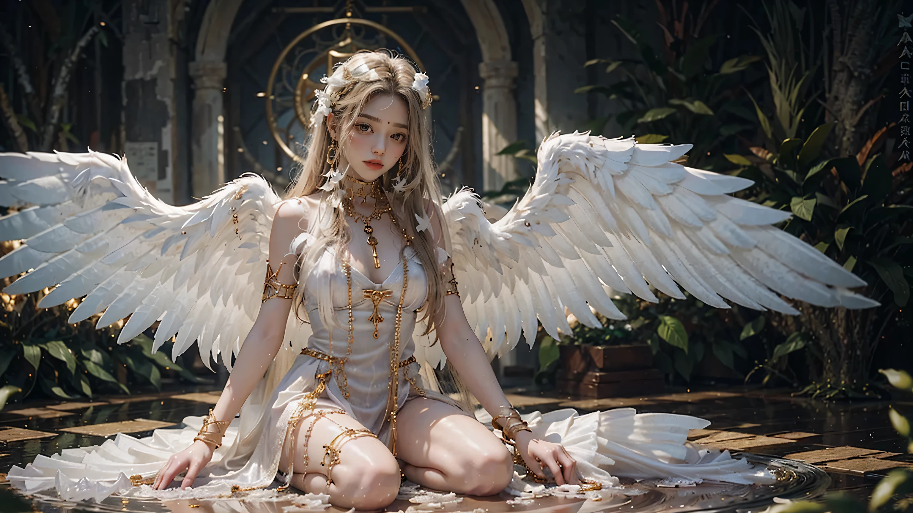 ภาพระยะไกล An angel is depicted with a pale and shine skin, (totally naked), หน้าอกขนาดใหญ่ their skin seemingly glow with an In another way radiance. They are adorned with a pair of sparkling and elegant wing, symbolizing their sacred nature. The scene is impersonal and charming, capturing the beauty and mysterious of these celestial beings. angel, pale, shine, skin, glow, In another way, radiance, sparkling, elegant, wing, sacred, impersonal, charming, beauty, mysterious.upper body,