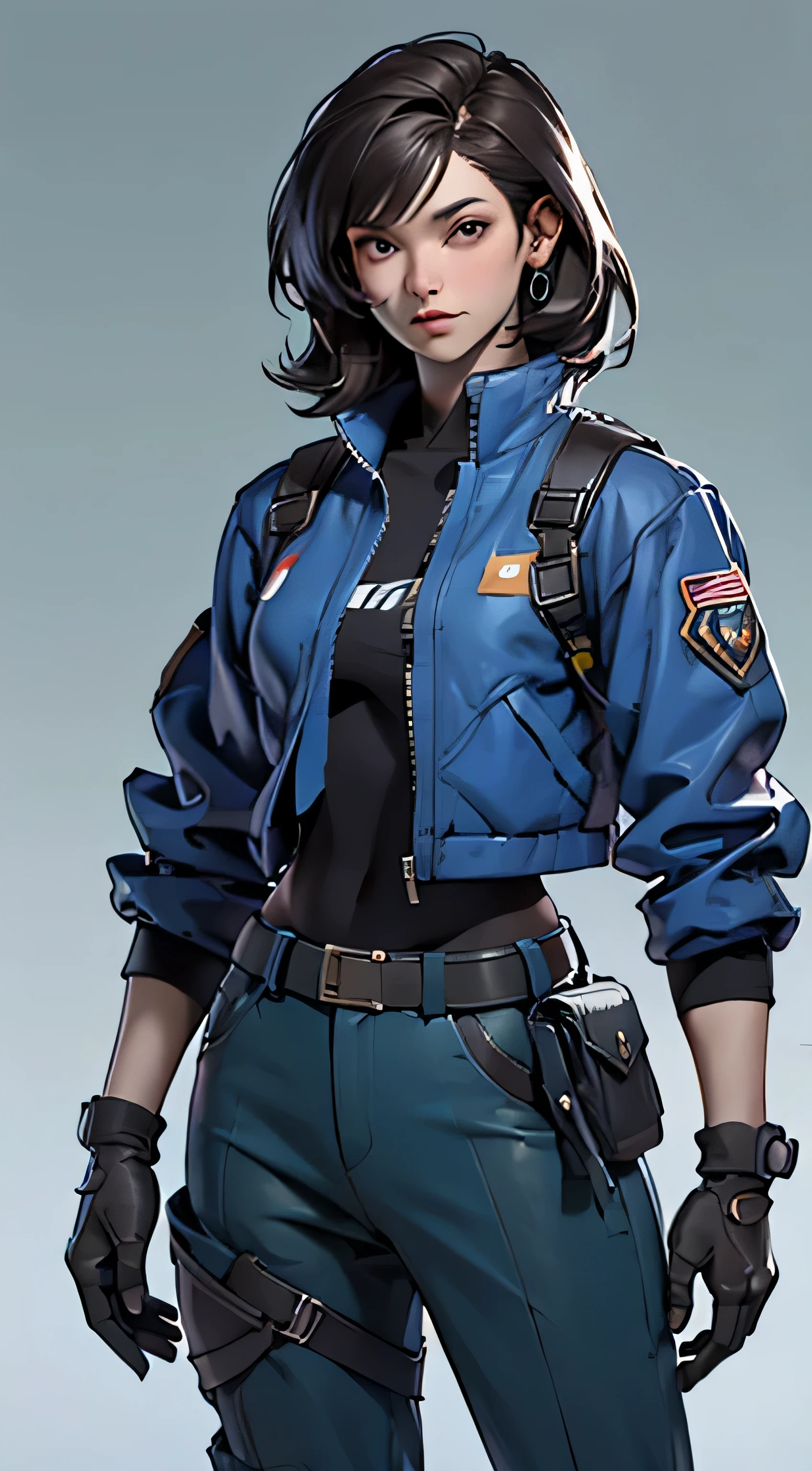 11:23(((best quality: 1.4))),(An unparalleled masterpiece), (super high quality),(Hyper-realistic 8K CG)、（black hair），（One hand crossed at waist），（Tech mech）， ((( Body))), (((1 girl in))), 25-year-old American soldier with perfect Body,,Beautiful and well-groomed face,muscular Body:1.2,Solid Royal blue jacket with details, (Pictures from head to thighs)， Complex equipment, Royal blue，Pants，The clothes inside are dark，Clothes with armored metal electronic parts, There is machinery)