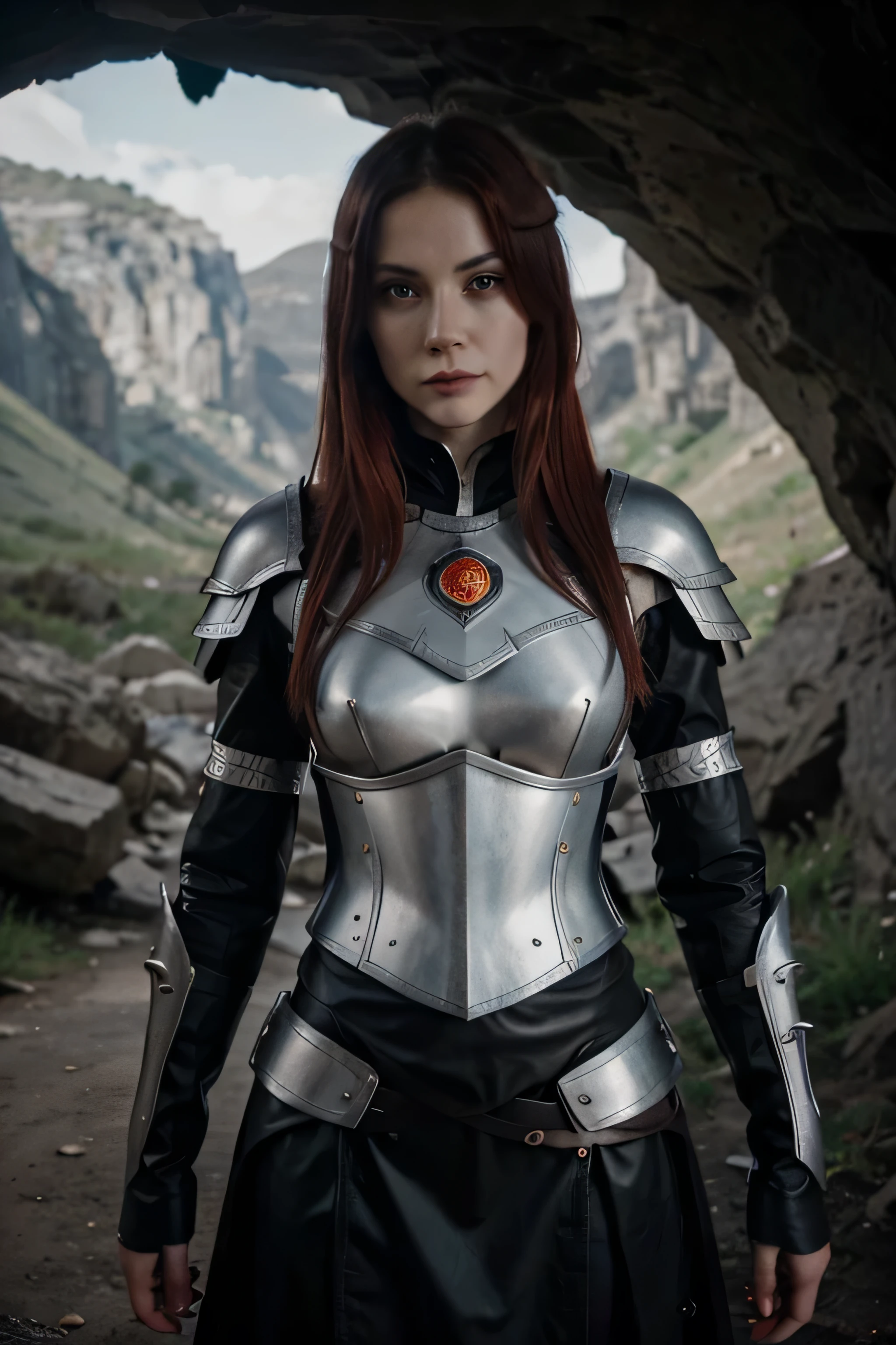 European White Woman Dark Knight, amber eyes and eyeliner, dyed red hair, medium length hair, witty dark look, Insanely detailed legendary silver pike weapon, Armor made of genuine red leather with a white decorative plate and inlay of black precious stones. , dark appearance, Consider the characteristics, Include personality traits, Think about unique attributes, Create an image, pay attention to details, 35 years, Cave setting, portrait lens