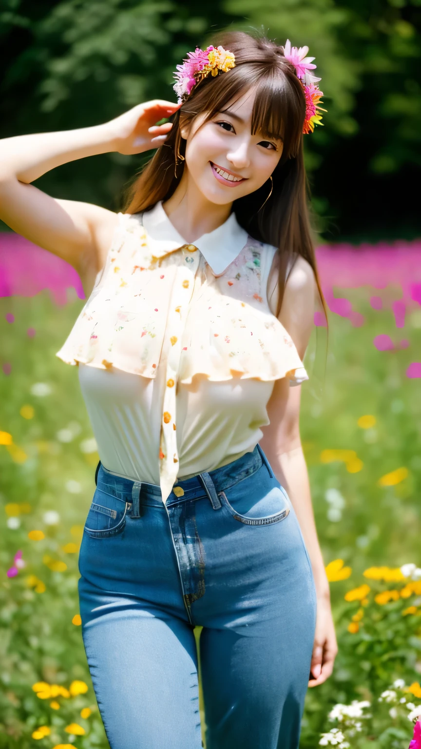 (((See-through white short-sleeved blouse))) ,(1若い女の子Very detailed美しい顔), (((Natural Makeup))),Great face and great quality:1.4), (Ultra-detailed), (Very detailed CG 統合 8k 壁紙), Very detailed,21 years old, High resolution raw color photos, Professional photography, Realistic portraits, Great face and eyes, Brown eyes,((Denim swimsuit)),(((Straight medium brown hair))), model, Depth of written boundary,,sit,smile,(Blue underwear),(((Quite small breasts))),(Small blue shorts),Spread your knees wide,,Sunflower field
