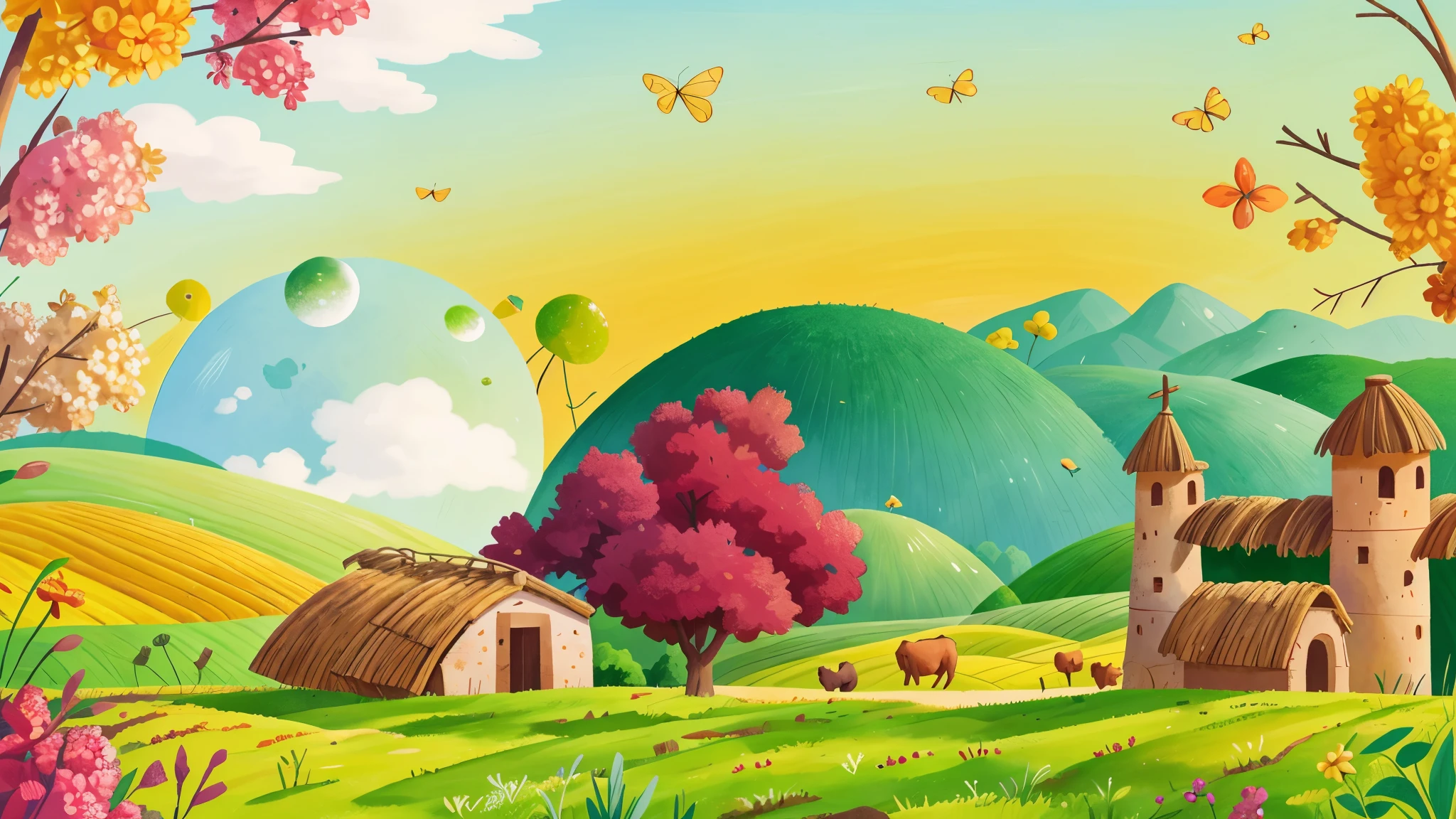 campo rural, y colorido, campo verdes y flores dibujo 2d, cerca primer plano