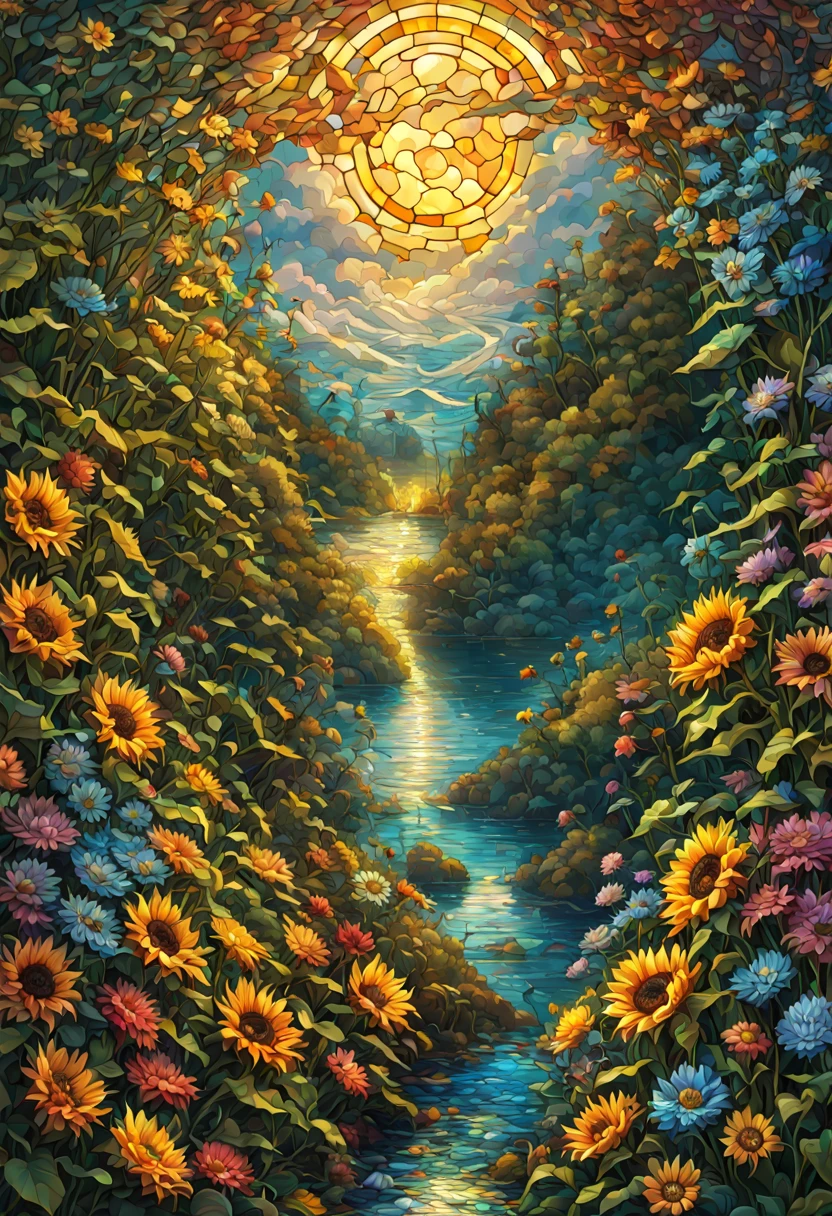 sea of flowers, aesthetic, Stained glass sunflowers, Dan Mumford, Cyril Rolando, MW Kaluta, Louis Comfort Tiffany, Dale Chihuly, hyper-detailed, hyperrealistic, digital landscape art, 8k resolution, beautiful colors, tarot card, awe, sunflowers made of stained glass, detailed, Hyperdetailed storybook illustration, concept art