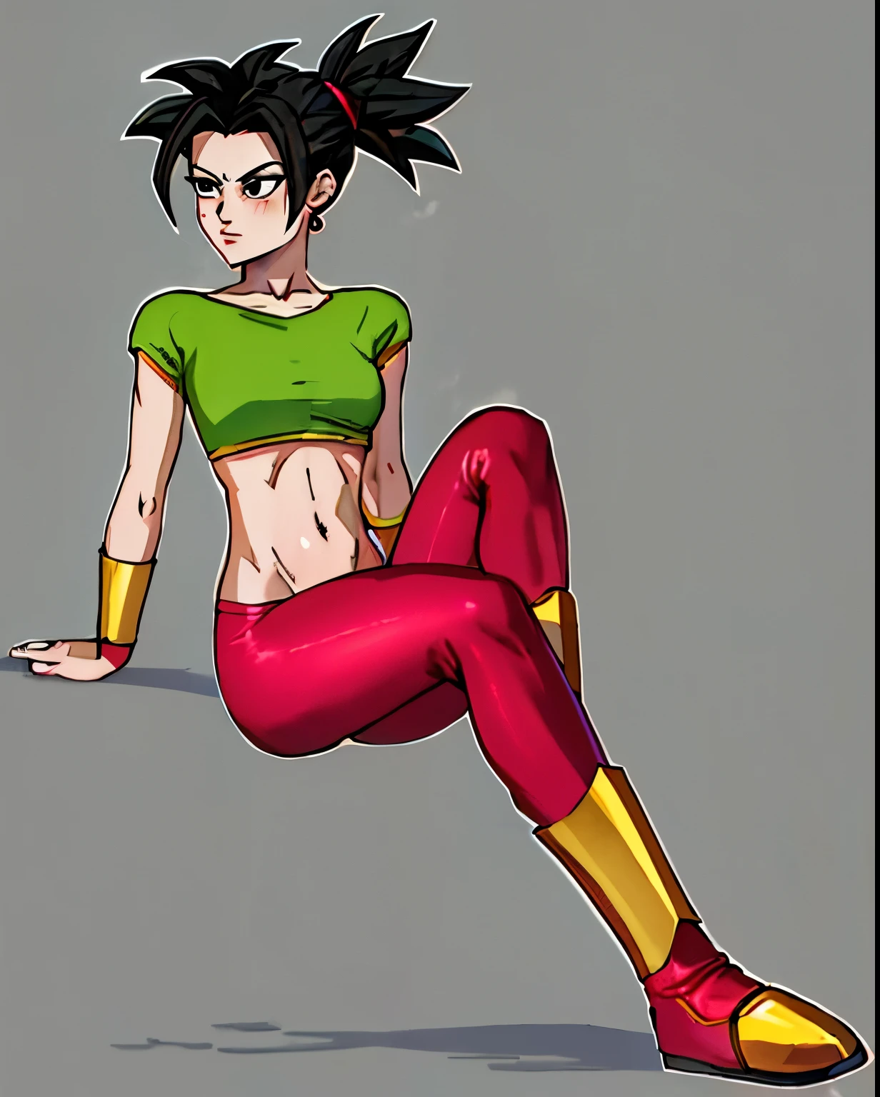 Kefla from dragon ball super, clean lineart, simple coloring, well defined shading, best quality, cartoon anime style, lightly toned midriff, red crop top, red leggings, gold and grey boots, gold wrist guards, black hair, casual pose.