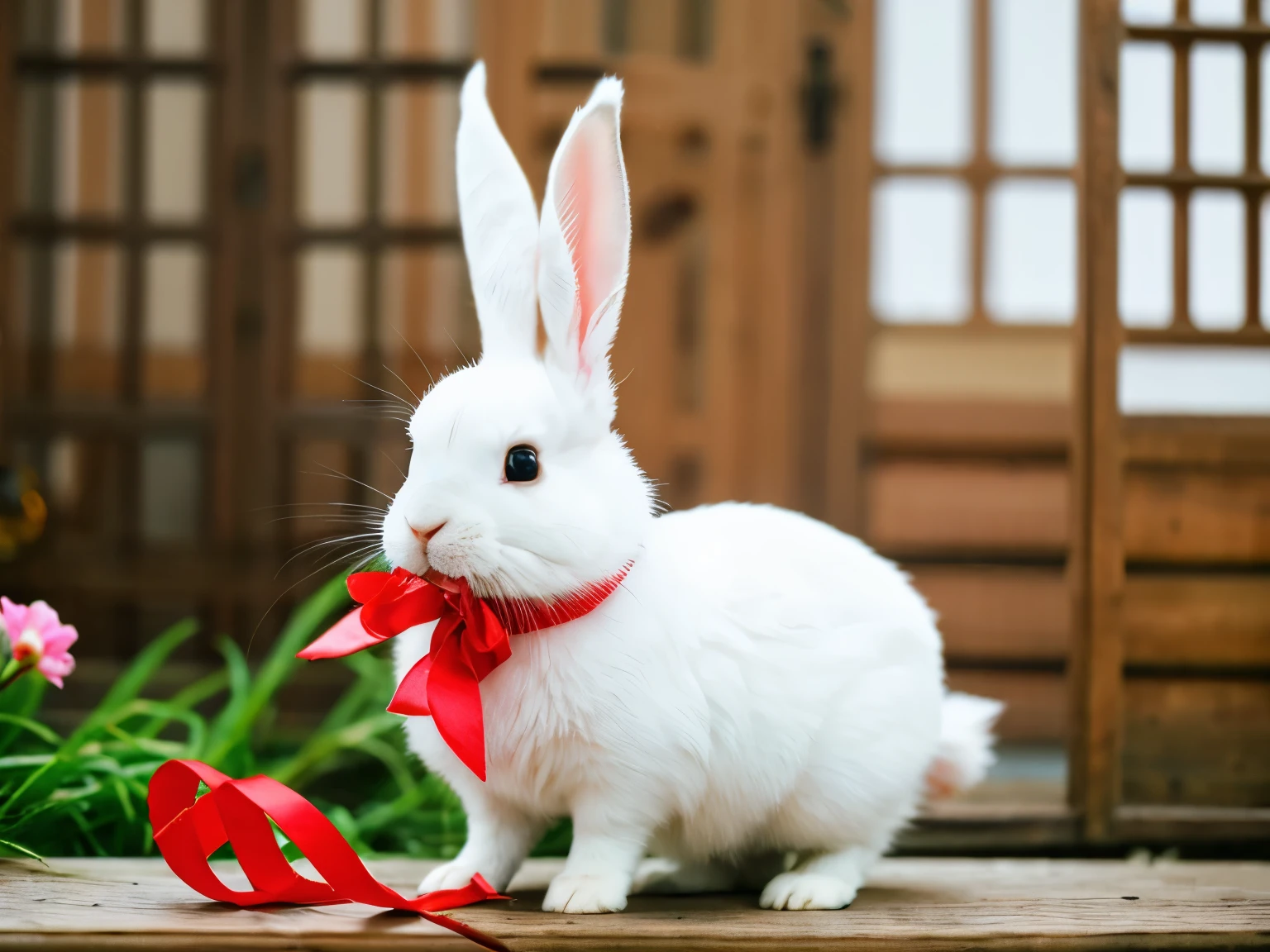 Cute rabbit with red ribbons in its ears, its playing with the rabbit is also cute, animated