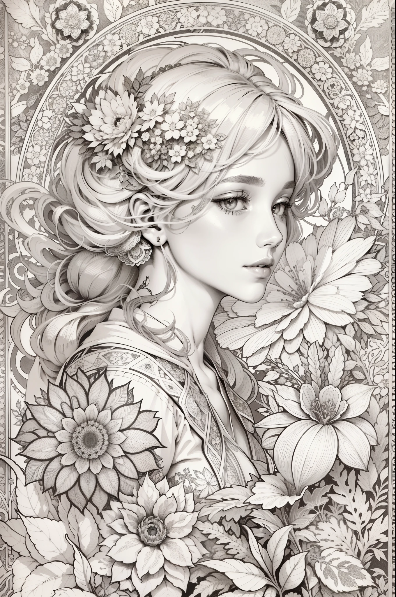 garden, art for coloring book page, full white background, only use outline, line art, coloring book, clean line art, mandala for coloring with nature ornaments, simple and clean line art, coloring book page, adorned in Art Nouveau style, with a stroke of Alfons Mucha's brush, perfect details, real.