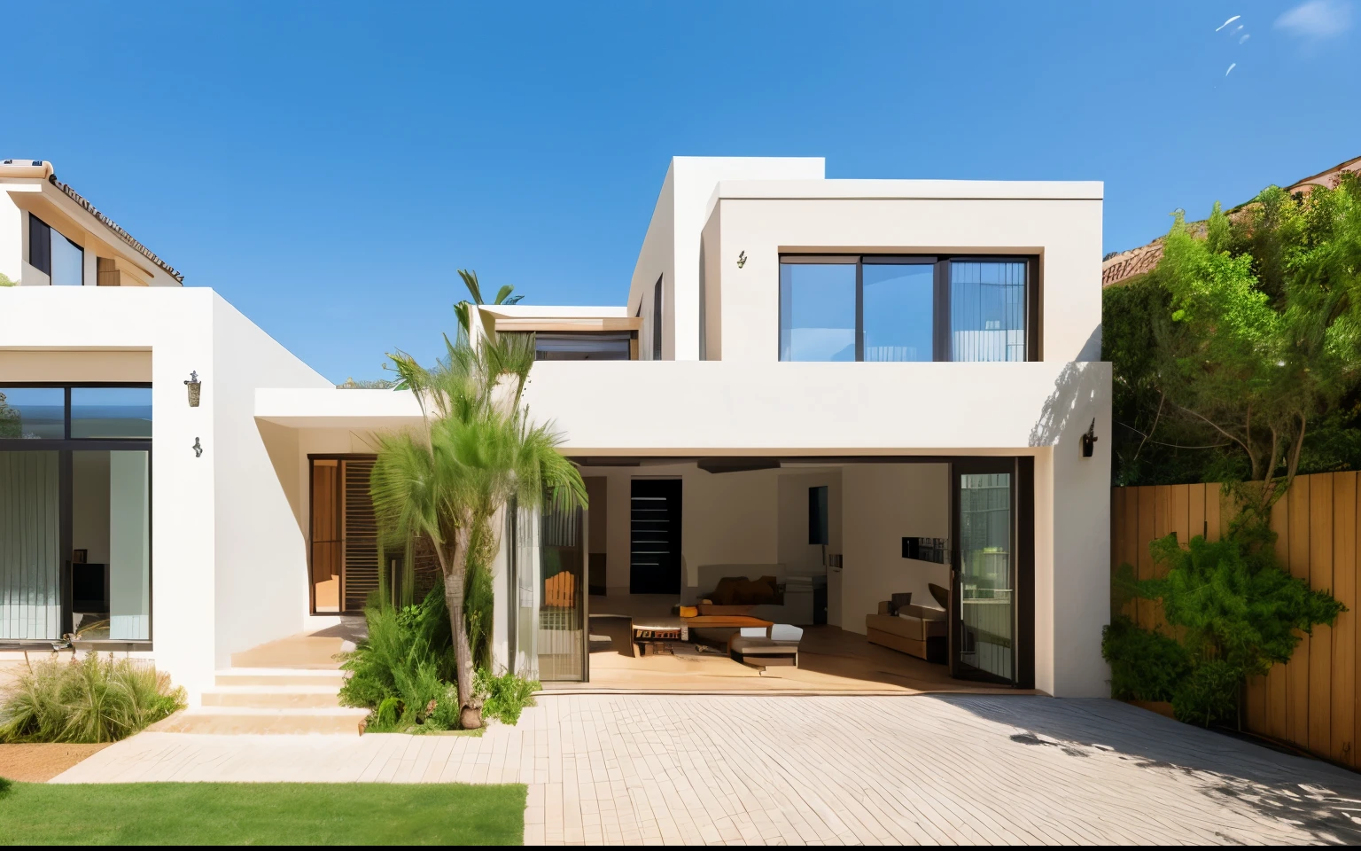 mediterranean two storey house, Tropical Environment, Modern, Huge windows, Arches, Has lights on, on Midday, Exterior perspective, New Architecture, Retain the original shape