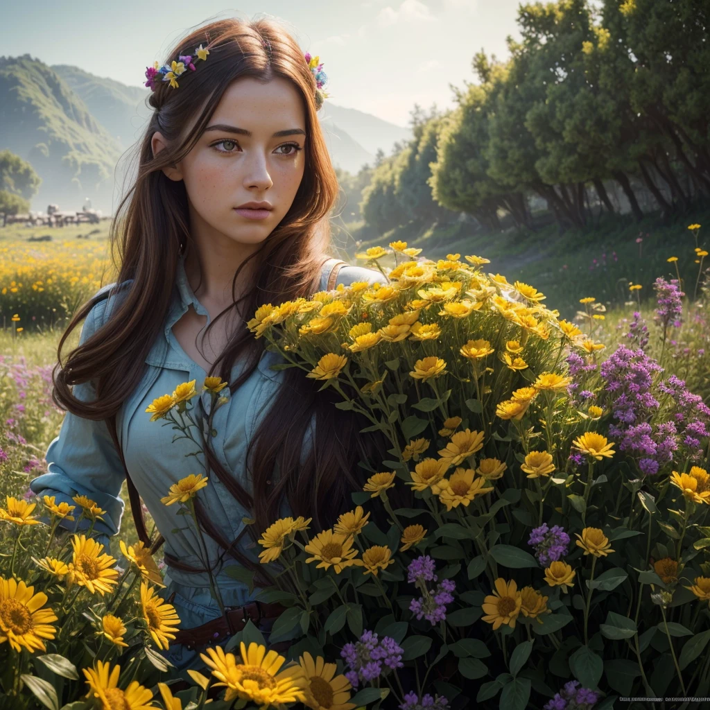 (best quality,4k,8k,highres,masterpiece:1.2),ultra-detailed,(realistic,photorealistic,photo-realistic:1.37),classic world war 2 dreadnought,brightly colored sea of flowers,bumble bee color scheme,sexy female crew,portraits,landscape,vivid colors,studio lighting,physically-based rendering,extreme detail description,professional