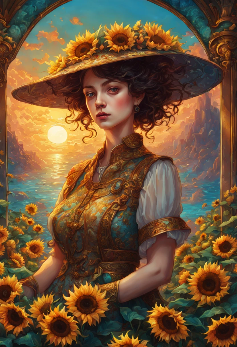 sea of flowers, aesthetic, Stained glass sunflowers, Dan Mumford, Cyril Rolando, MW Kaluta, Louis Comfort Tiffany, Dale Chihuly, hyper-detailed, hyperrealistic, digital landscape art, 8k resolution, beautiful colors, tarot card, awe, sunflowers made of stained glass, detailed, Hyperdetailed storybook illustration, concept art