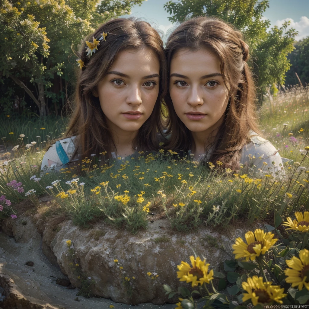 (best quality,4k,8k,highres,masterpiece:1.2),ultra-detailed,(realistic,photorealistic,photo-realistic:1.37),classic world war 2 dreadnought,brightly colored sea of flowers,bumble bee color scheme,sexy female crew,portraits,landscape,vivid colors,studio lighting,physically-based rendering,extreme detail description,professional