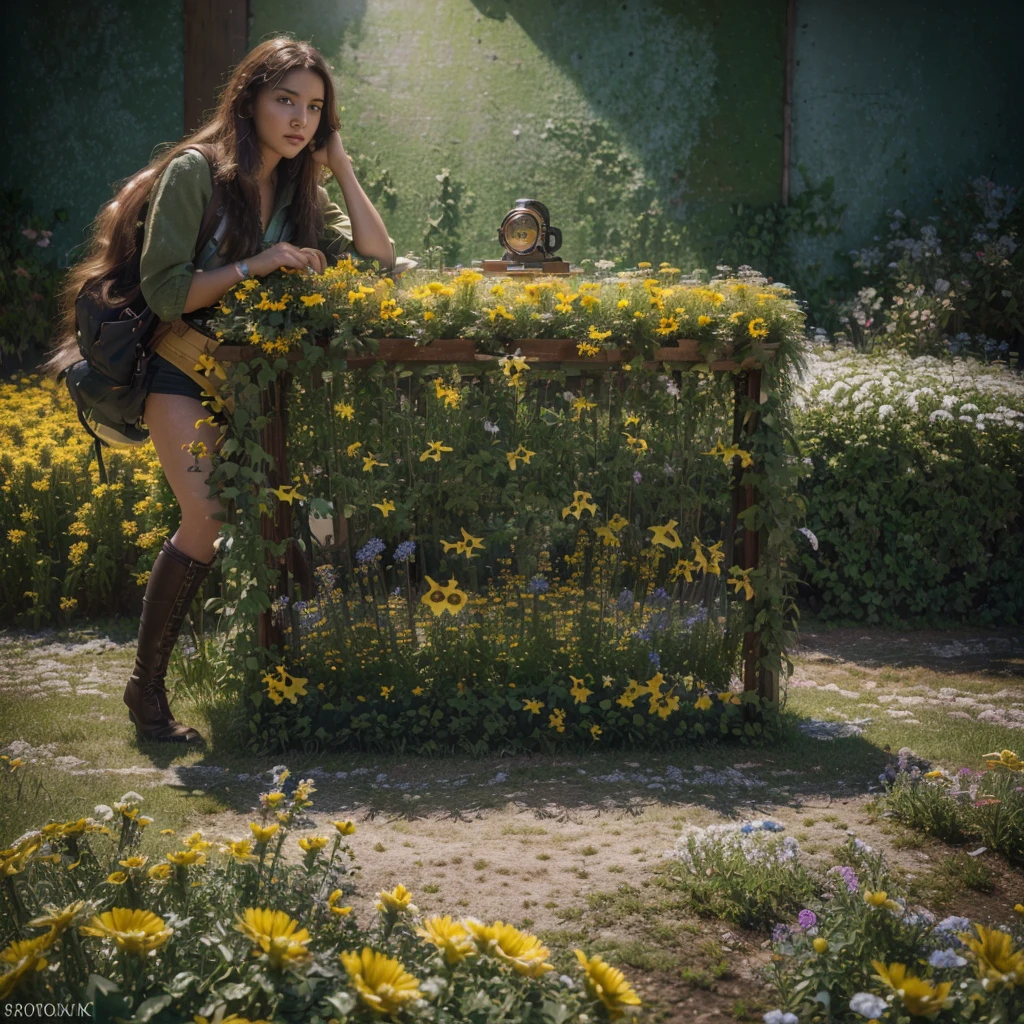 (best quality,4k,8k,highres,masterpiece:1.2),ultra-detailed,(realistic,photorealistic,photo-realistic:1.37),classic world war 2 dreadnought,brightly colored sea of flowers,bumble bee color scheme,sexy female crew,portraits,landscape,vivid colors,studio lighting,physically-based rendering,extreme detail description,professional