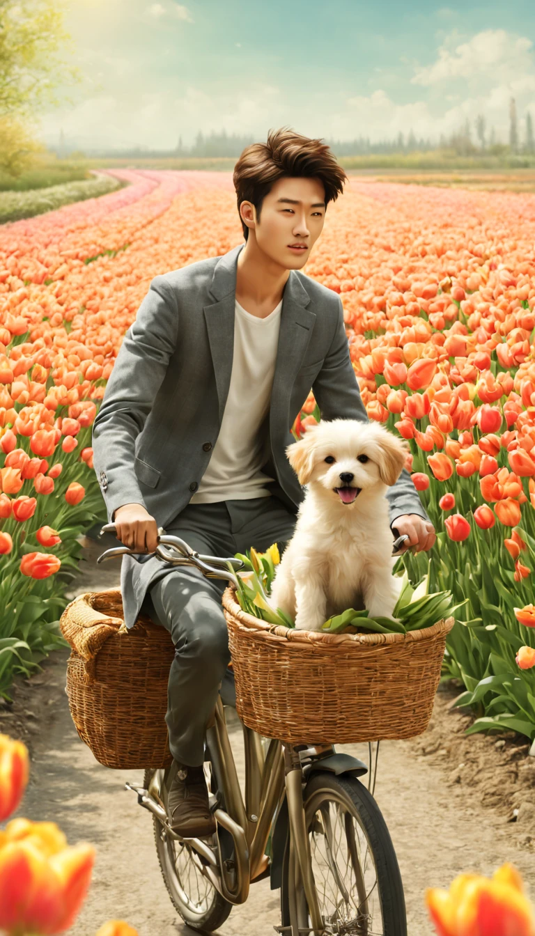 sea of flowers/Sea of flowers/sea of flowers.The wind blows the tulip fields.spring field scenery.Close-up of a handsome sunny boy riding a bicycle carrying a puppy.The bamboo basket in front of the car carries flowers and puppies.light tone.light gold color scheme、high resolution细节、ink splash effect、Bright and fresh colors.composed.(best quality,4k,8k,high resolution,masterpiece:1.2),super detailed,Clear tulips in the foreground.
