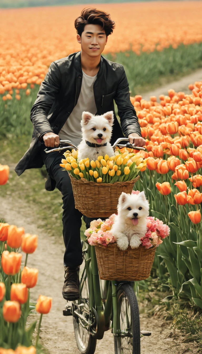 sea of flowers/Sea of flowers/sea of flowers.The wind blows the tulip fields.spring field scenery.Close-up of a handsome sunny boy riding a bicycle carrying a puppy.The bamboo basket in front of the car carries flowers and puppies.light tone.light gold color scheme、high resolution细节、ink splash effect、Bright and fresh colors.composed.(best quality,4k,8k,high resolution,masterpiece:1.2),super detailed,Clear tulips in the foreground.