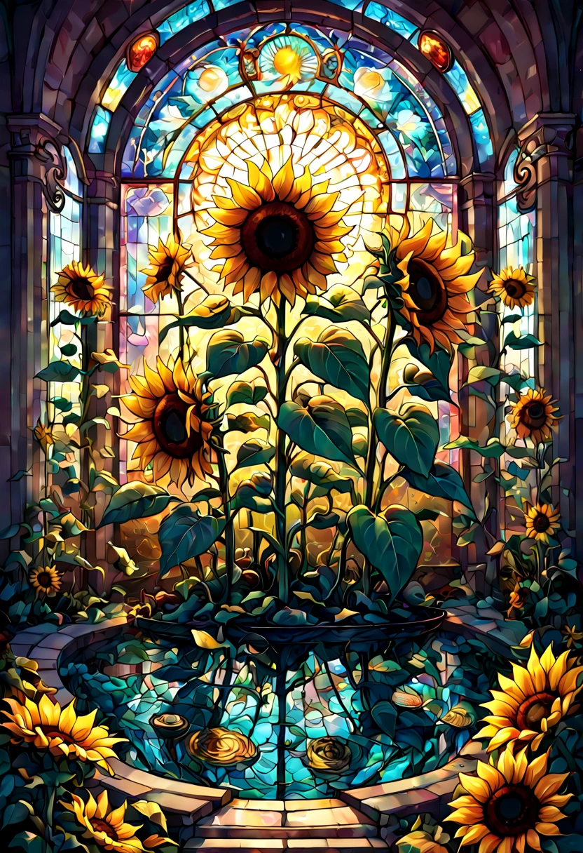 sea of flowers, aesthetic, Stained glass sunflowers, Dan Mumford, Cyril Rolando, MW Kaluta, Louis Comfort Tiffany, Dale Chihuly, hyper-detailed, hyperrealistic, digital landscape art, 8k resolution, beautiful colors, tarot card, awe, sunflowers made of stained glass, detailed, Hyperdetailed storybook illustration, concept art