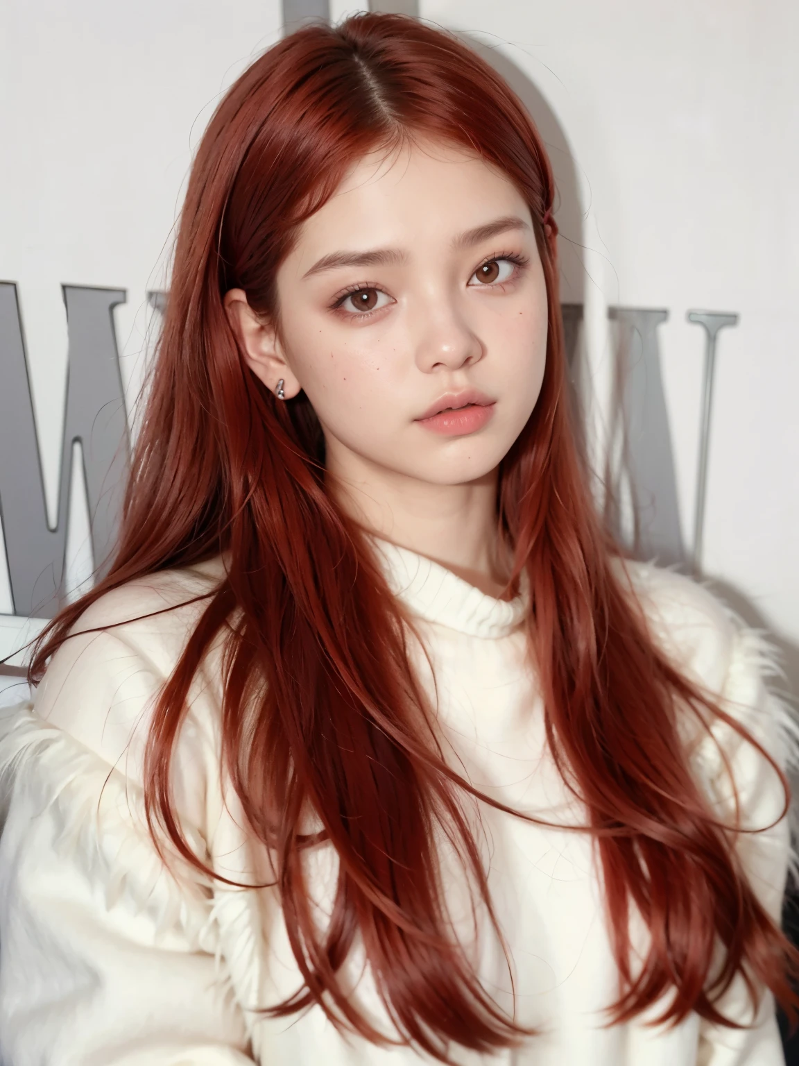 un primer plano de una mujer con el pelo largo y rojo que llevaba una bata blanca, Jennie rosa negra, ella tiene el pelo largo y renaranjado, jossi de blackpink, ella tiene el cabello rojo, red crimson crimson hair, portrait of jossi de blackpink, aparcar desde-min, Con cabello rojo, terciopelo rojo, red hue, bright crimson head, crimson hair, parque roseanne de blackpink